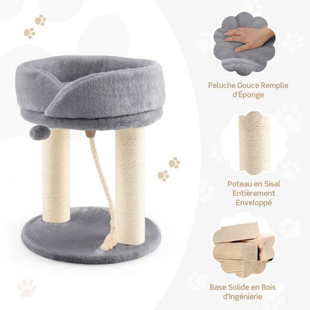 Helloshop26 - Arbre à chat tour d'arbre griffoir 2 plateformes avec perchoir à dessus souple boule de fourrure 53 cm corde en sisal gris - Imagen 3