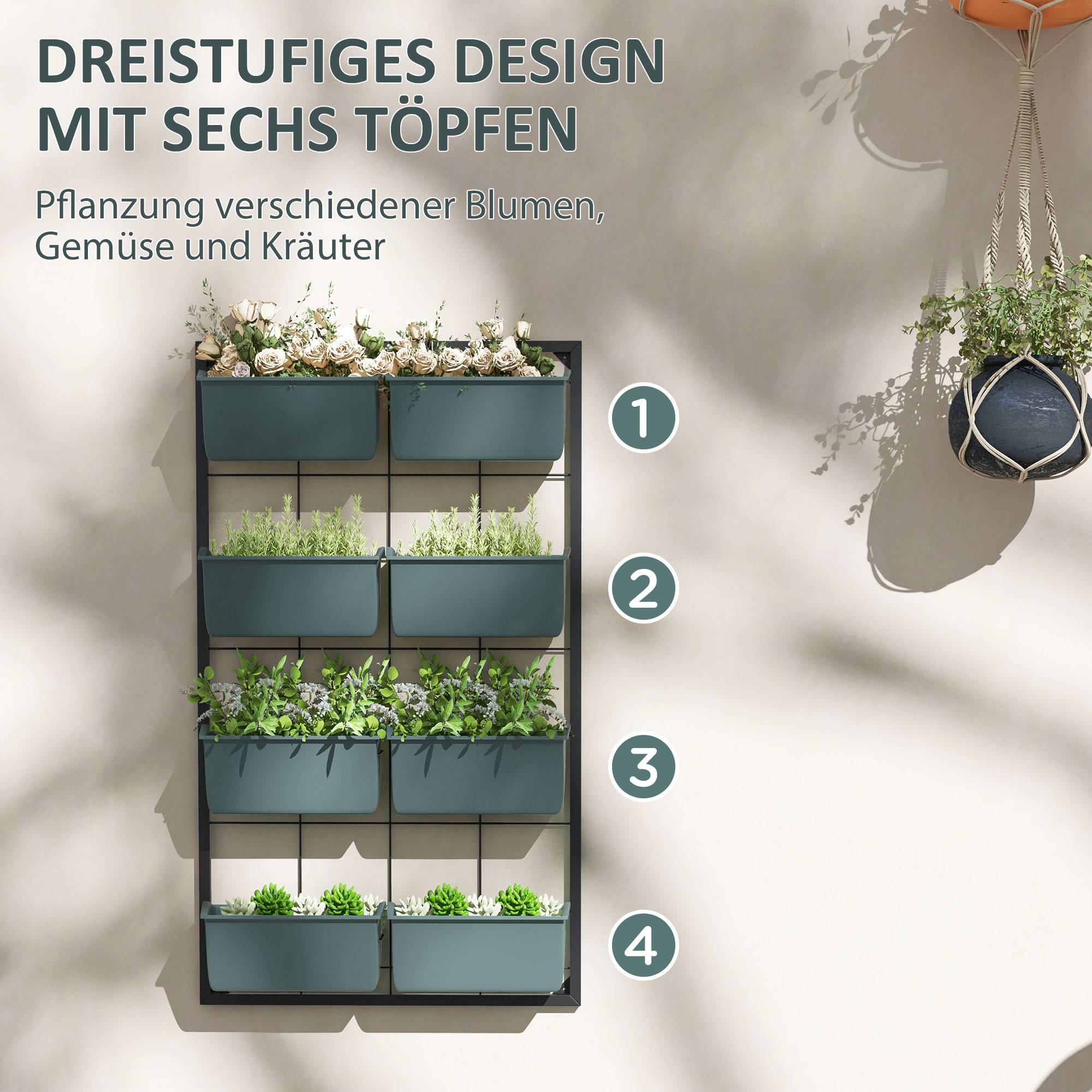 Étagère porte-plantes murale acier balcon 4 niveaux 8 bacs 52x14x90cm noir - ComfortXL Outdoor Living - Image 7
