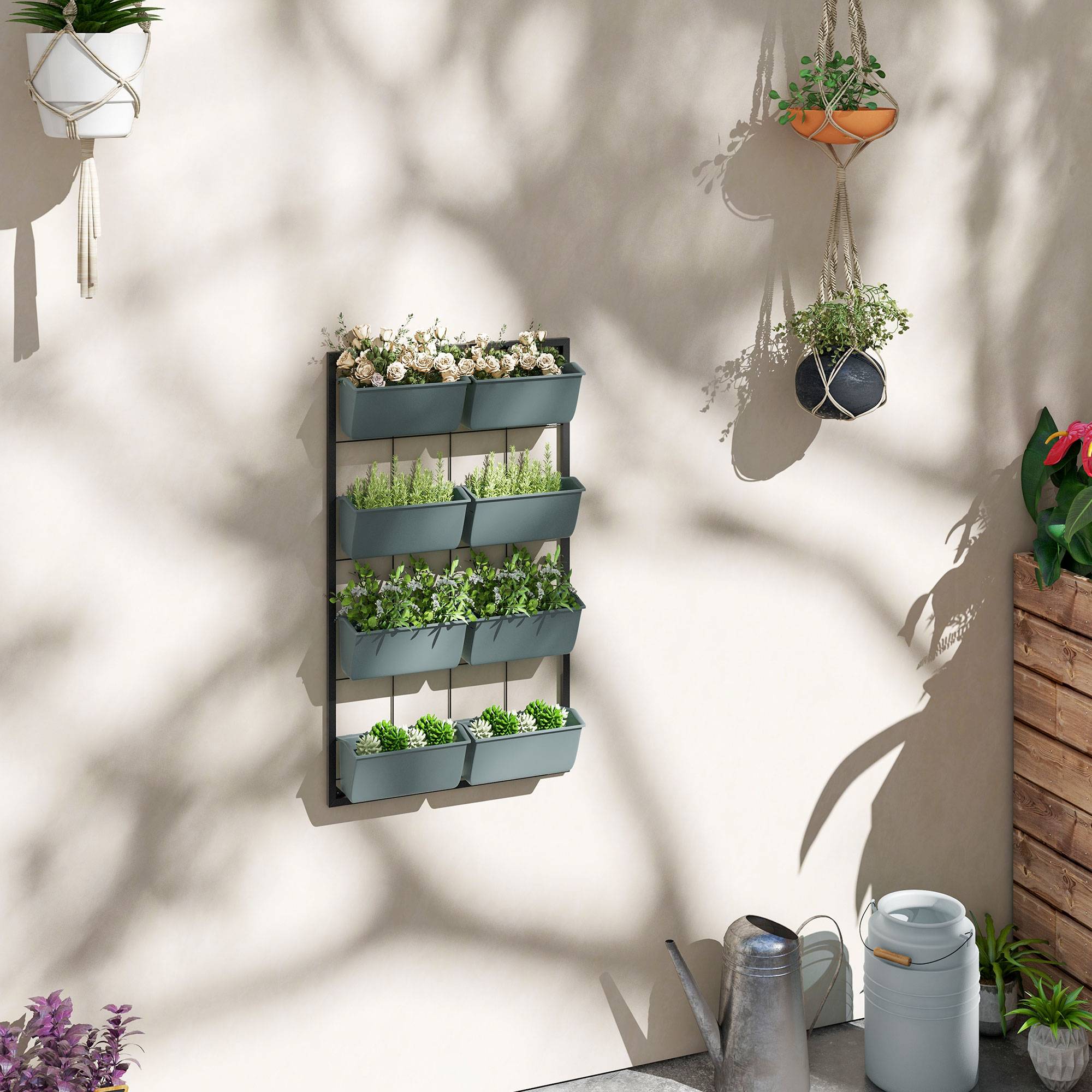Étagère porte-plantes murale acier balcon 4 niveaux 8 bacs 52x14x90cm noir - ComfortXL Outdoor Living - Image 3