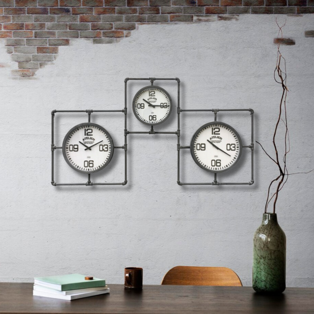 ~ 3 grandes horloges murales décoratives vintage salon métal gris 160cm Chemin de campagne - Imagen 2