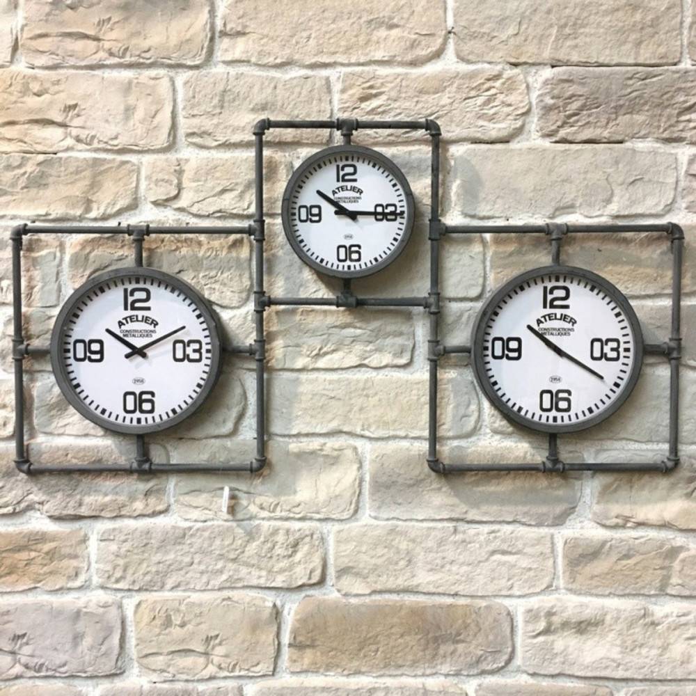 ~ 3 grandes horloges murales décoratives vintage salon métal gris 160cm Chemin de campagne - Imagen 3