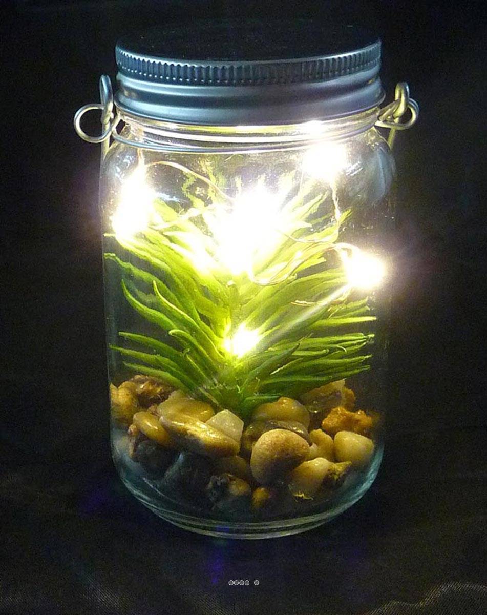 Artificielles - Plante grasse factice cactée en pot de verre et Guirlande Led Type A - couleur: Vert aloe - div: A - Imagen 2