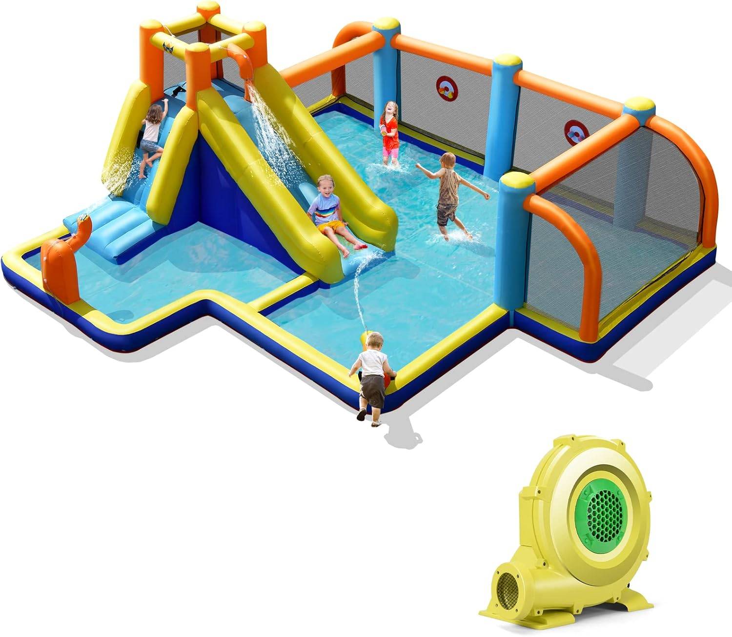 COSTWAY Aire de Jeux Aquatique avec Gonfleur 580-610W,Piscine à Eclaboussures,Trampoline Panier