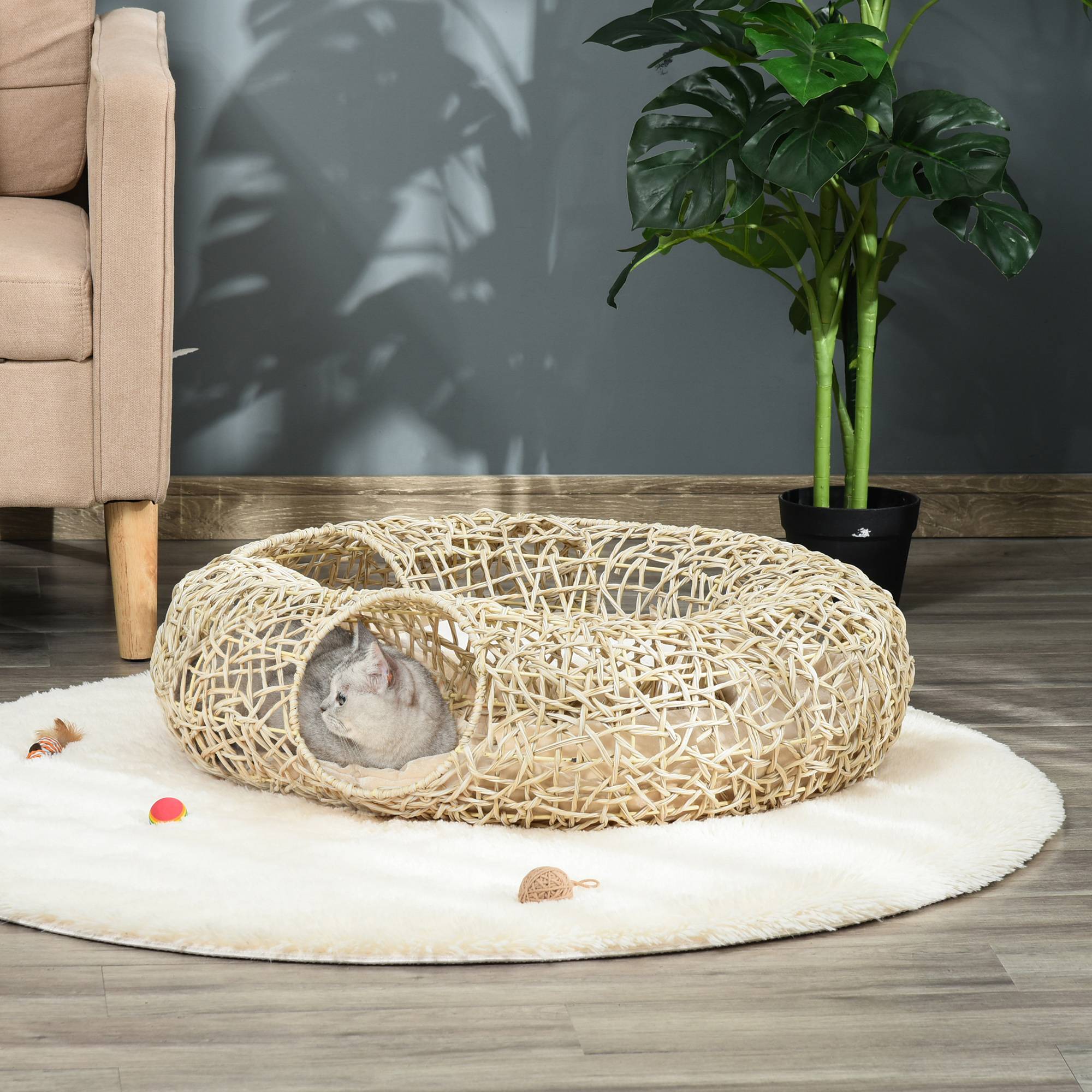 Panier tunnel en rotin pour chat, 3 accès, coussin doux, 78x69x22 cm, bois naturel - Image 3