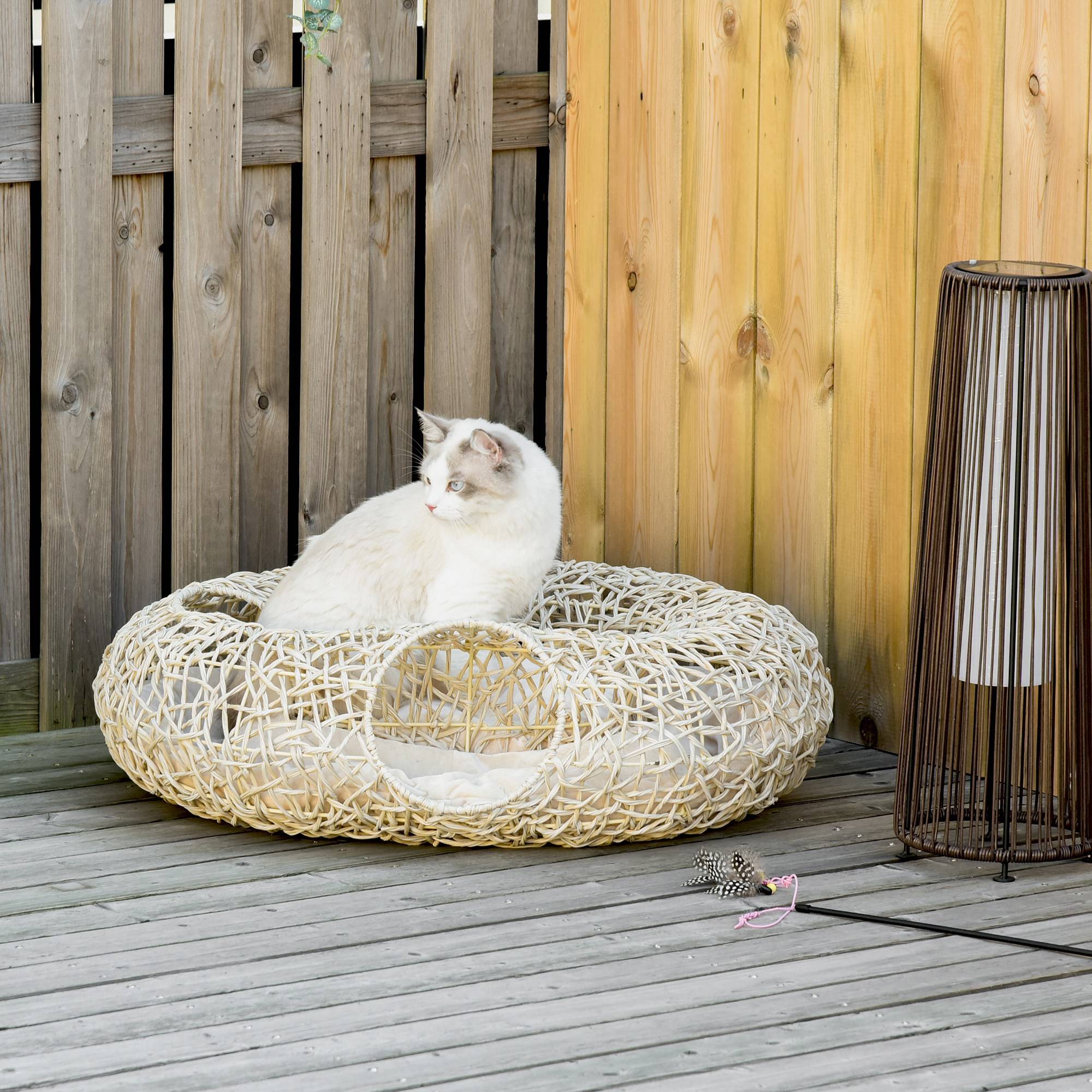 Panier tunnel en rotin pour chat, 3 accès, coussin doux, 78x69x22 cm, bois naturel - Image 4