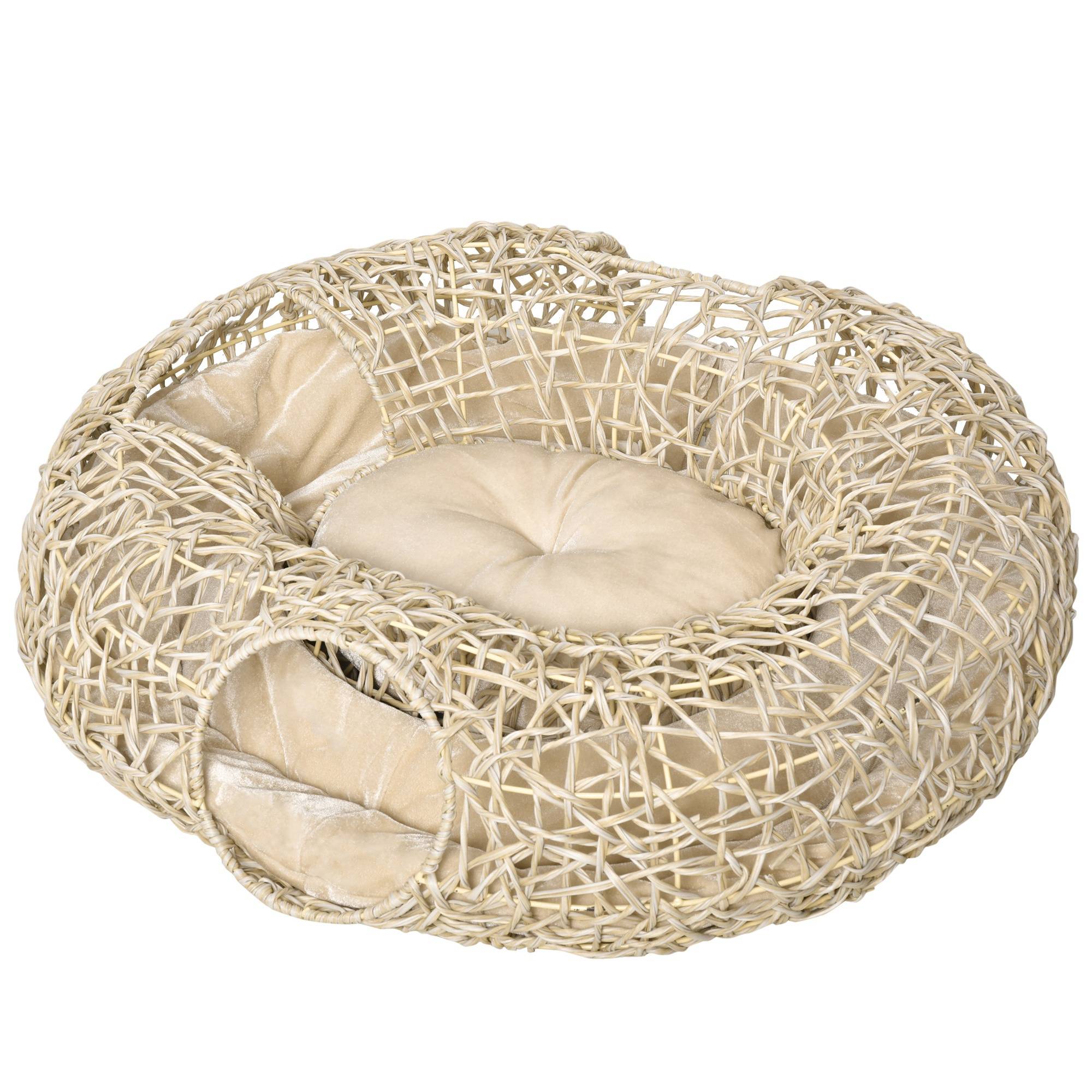 Panier tunnel en rotin pour chat, 3 accès, coussin doux, 78x69x22 cm, bois naturel - Image 1