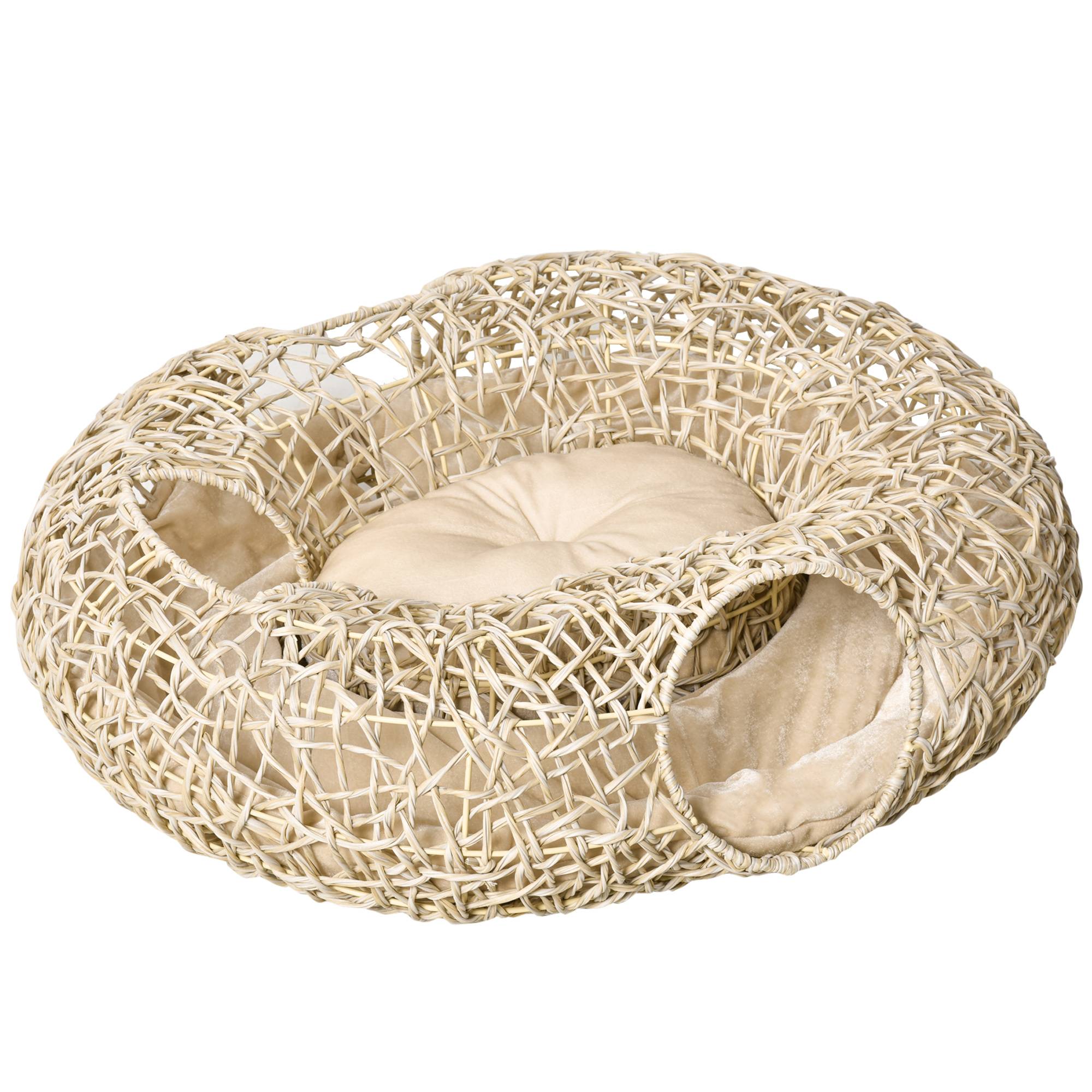 Panier tunnel en rotin pour chat, 3 accès, coussin doux, 78x69x22 cm, bois naturel - Image 2