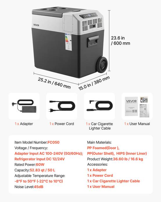 Vevor - VEVOR Glacière électrique 50 L, portable à roulettes, 12/24 V et 100–240 V, compresseur -22 à 10 °C, contrôle via application. - Image 6