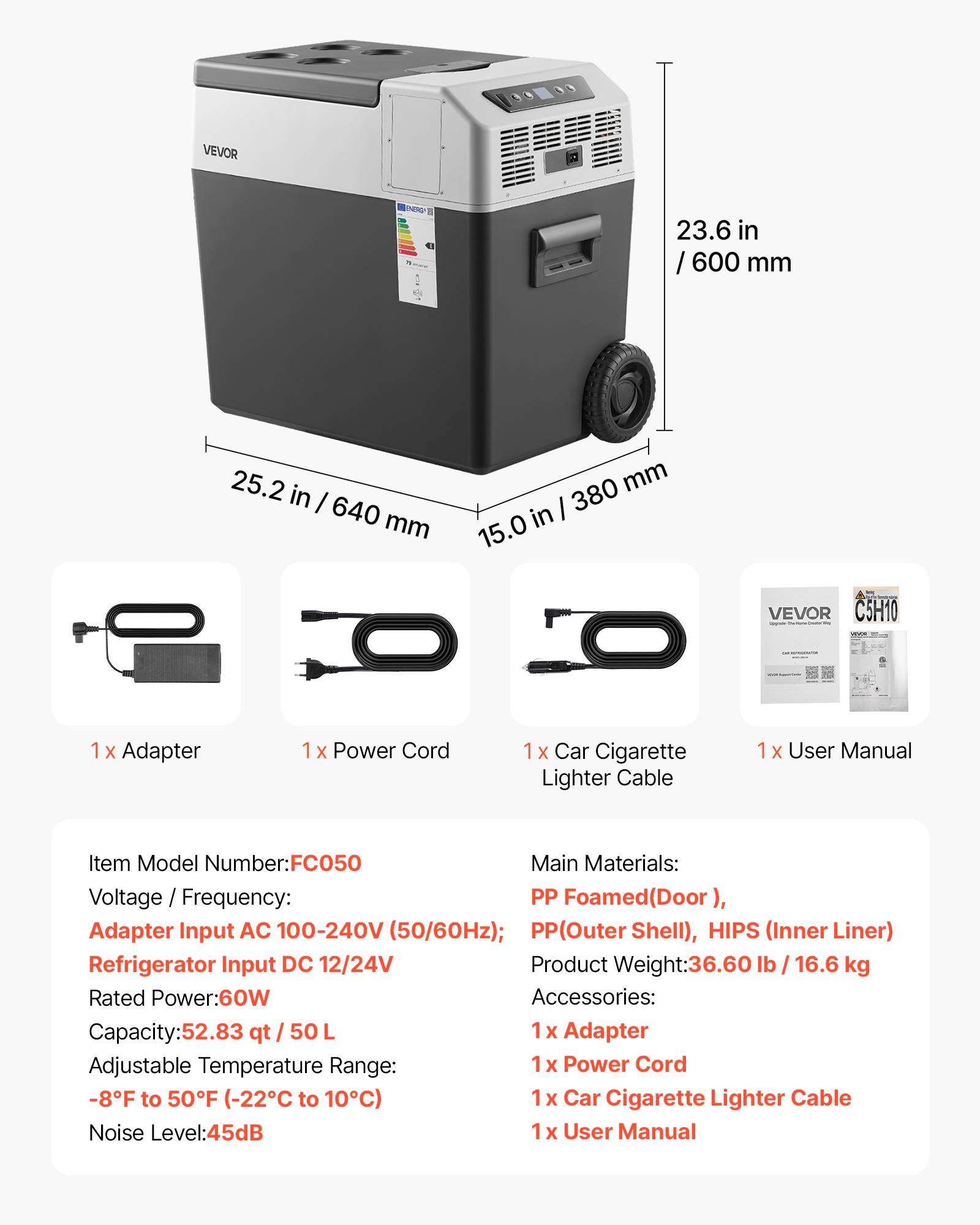 Vevor - VEVOR Glacière électrique 50 L, portable à roulettes, 12/24 V et 100–240 V, compresseur -22 à 10 °C, contrôle via application. - Image 6