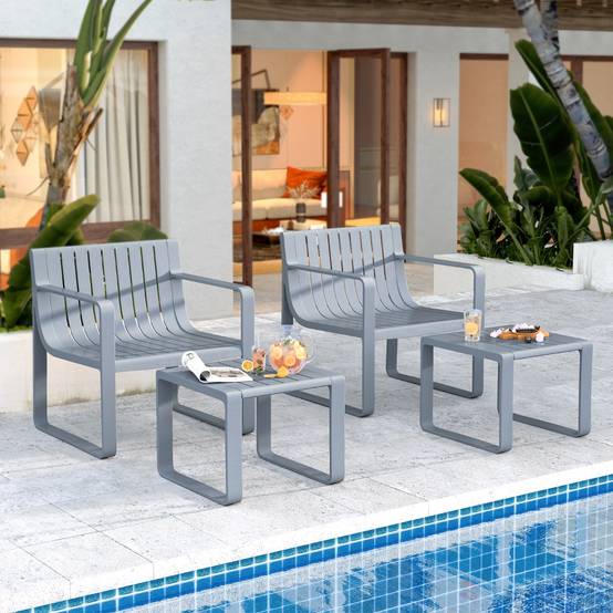 Salon de Jardin 2 Pièces avec Table Basse Carrée Ensemble de Mobilier de Patio en PP Résistante aux Intempéries Gris F190R - Image 3