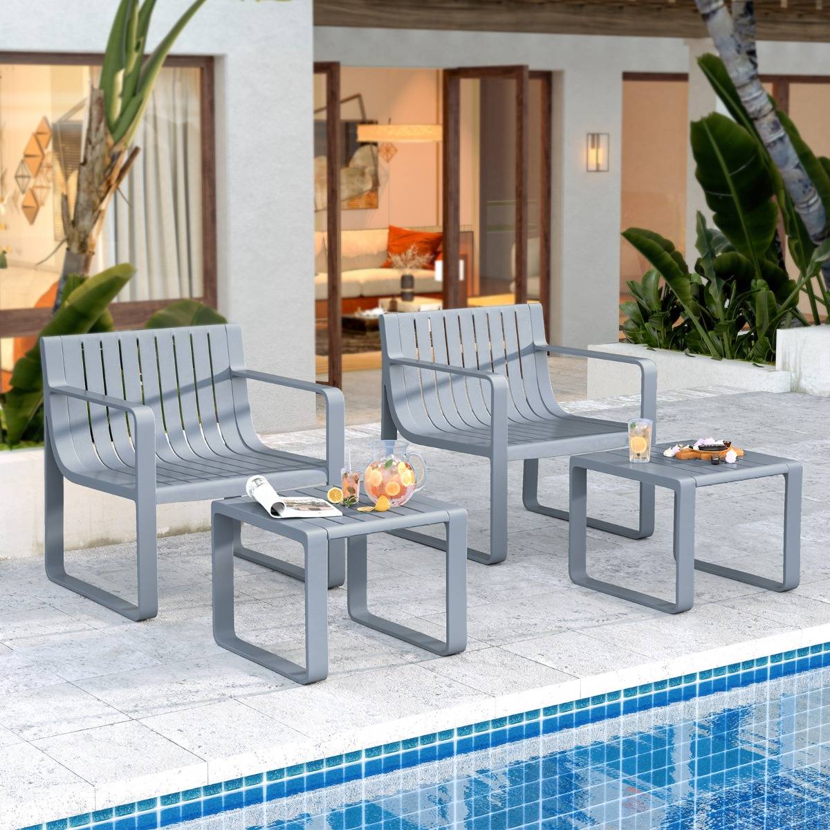 Salon de Jardin 2 Pièces avec Table Basse Carrée Ensemble de Mobilier de Patio en PP Résistante aux Intempéries Gris F190R - Image 3