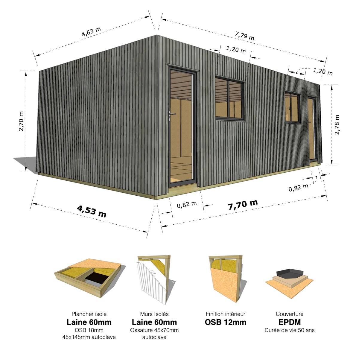 Sans Marque - STUDIO DE JARDIN / 35,8 m2 - 7,75 x 4,62m / Plancher isolé / Bardage Gris / Intérieur OSB / Livraison Gratuite / Studio Français - Image 1