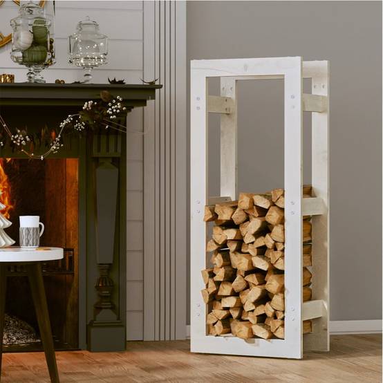 Range-bûches intérieur Bois de Pin Massif Stockage vertical pour Cheminée 41x25x100 cm Blanc - ComfortXL Outdoor Living - Image 3
