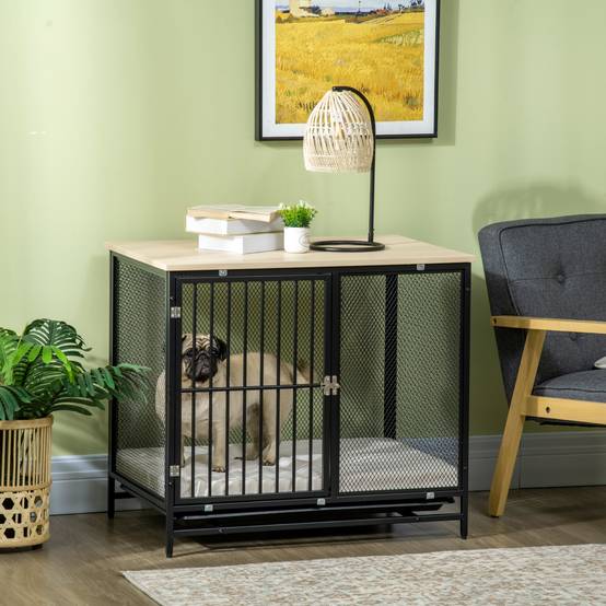 Cage pour chien avec table, bois de chêne et noir, 80 x 55 x 71 cm - PANGIVO - Image 2