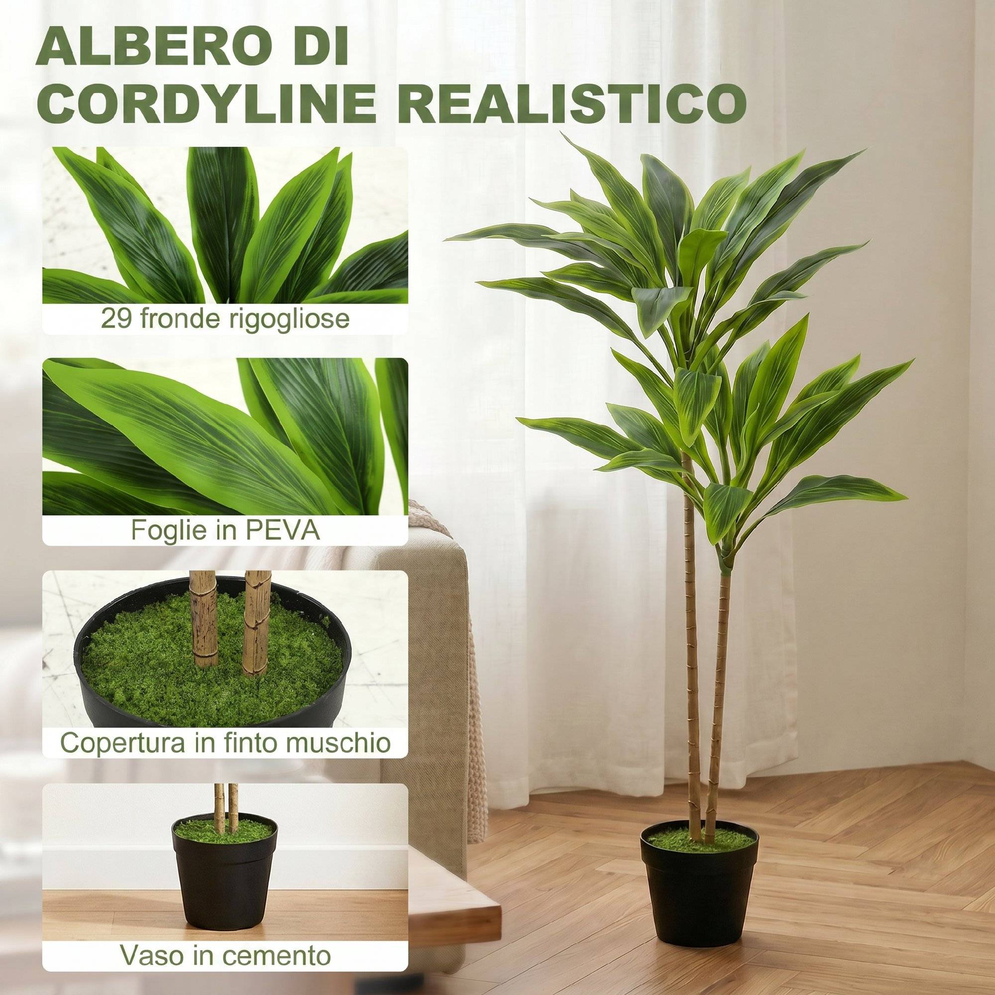 Cordyline artificielle 29 feuilles, branches pliables, vert - Image 6