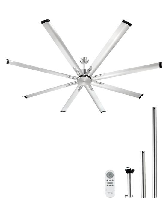 VEVOR Ventilateur plafond sans lumière 214 cm, 8 pales alu, télécommande. Moteur CC, nickel brossé. - Image 1