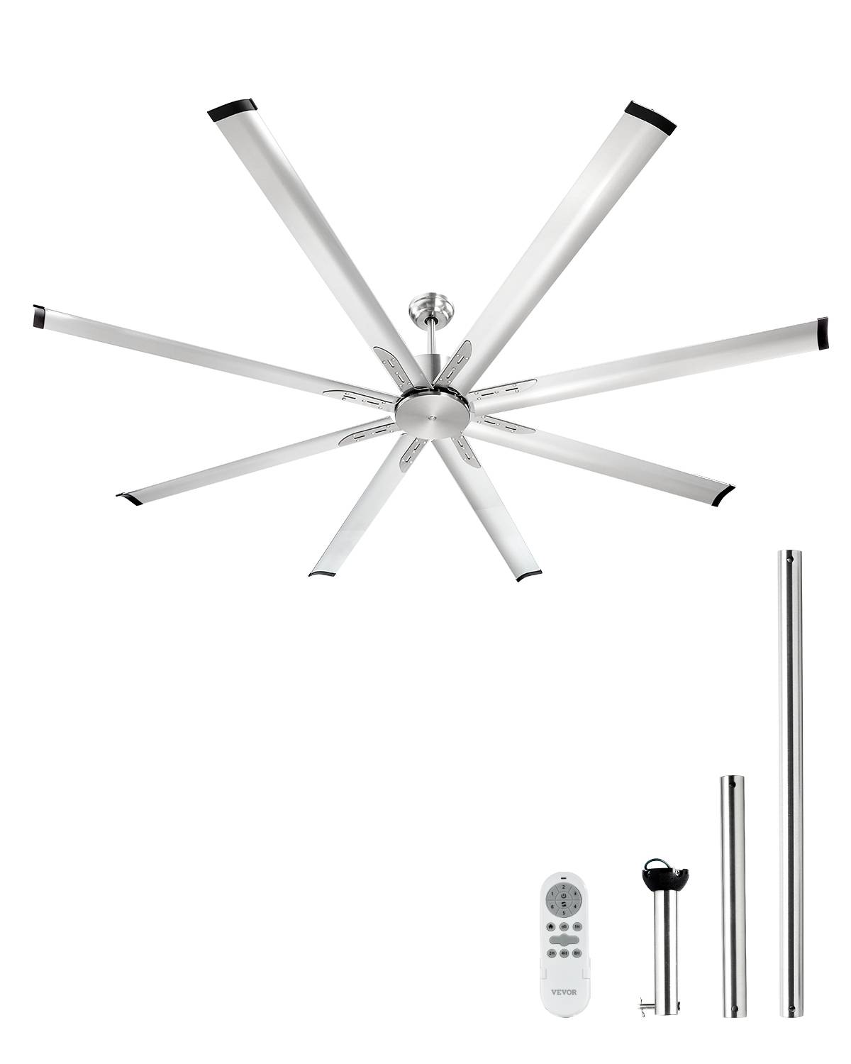 VEVOR Ventilateur plafond sans lumière 214 cm, 8 pales alu, télécommande. Moteur CC, nickel brossé. - Image 1