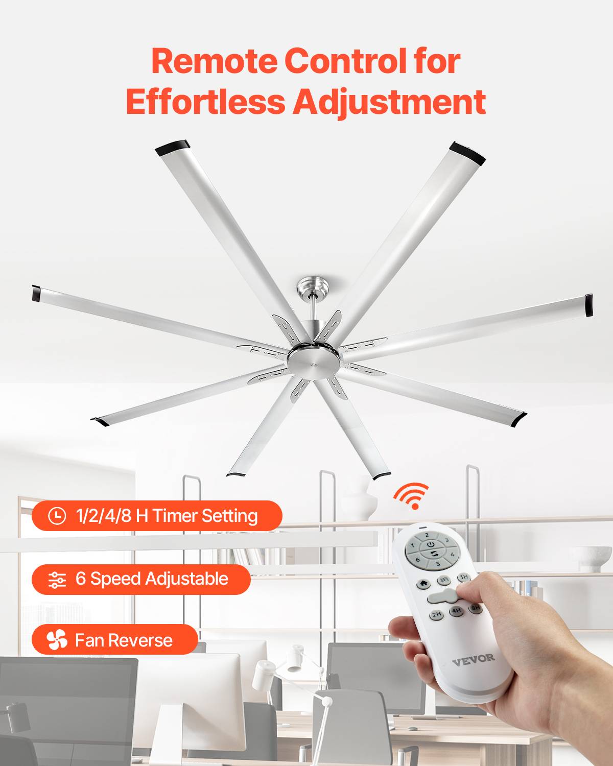 VEVOR Ventilateur plafond sans lumière 214 cm, 8 pales alu, télécommande. Moteur CC, nickel brossé. - Image 5