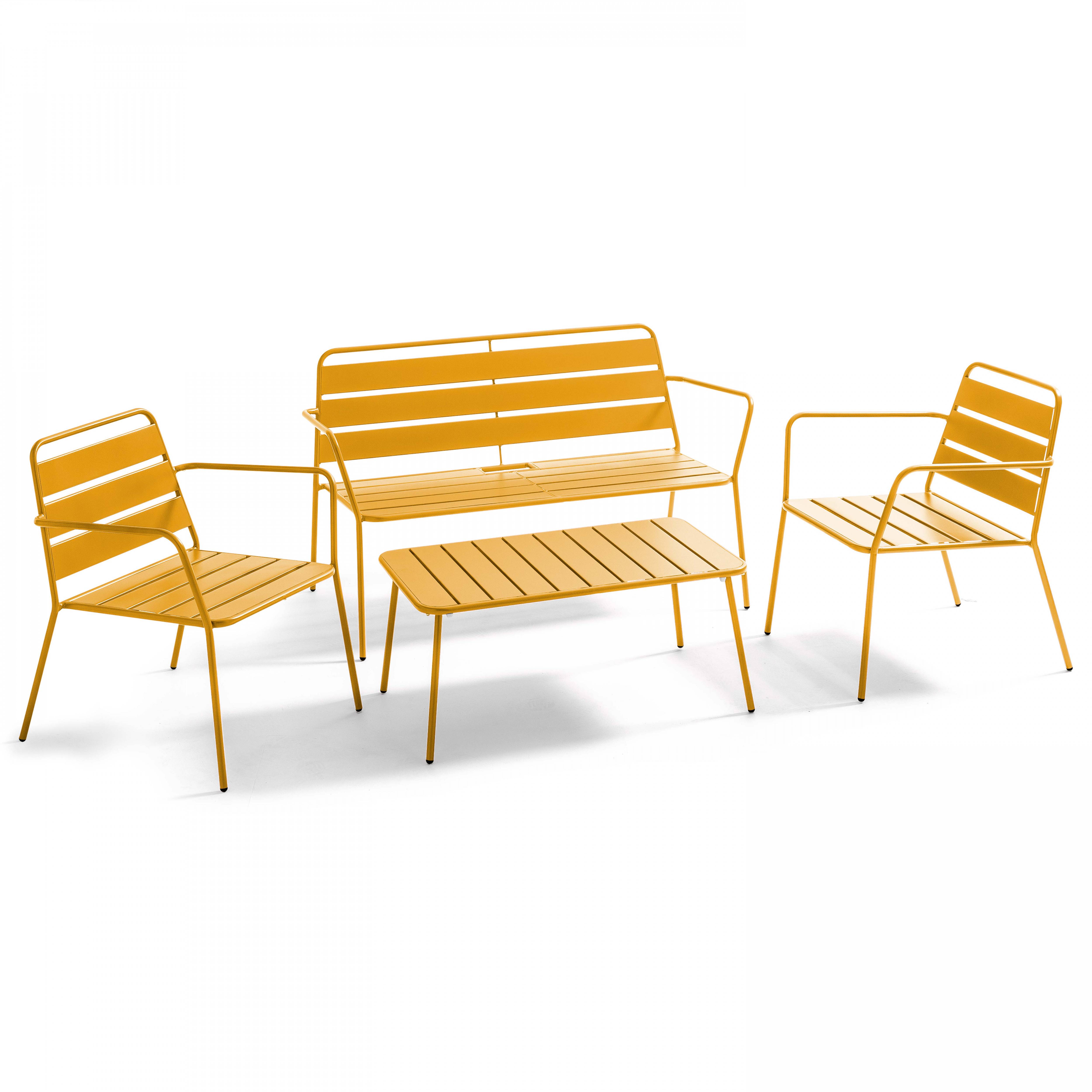 Oviala - Salon de jardin 4 places et 1 table basse en acier jaune Palavas - Oviala - Imagen 1