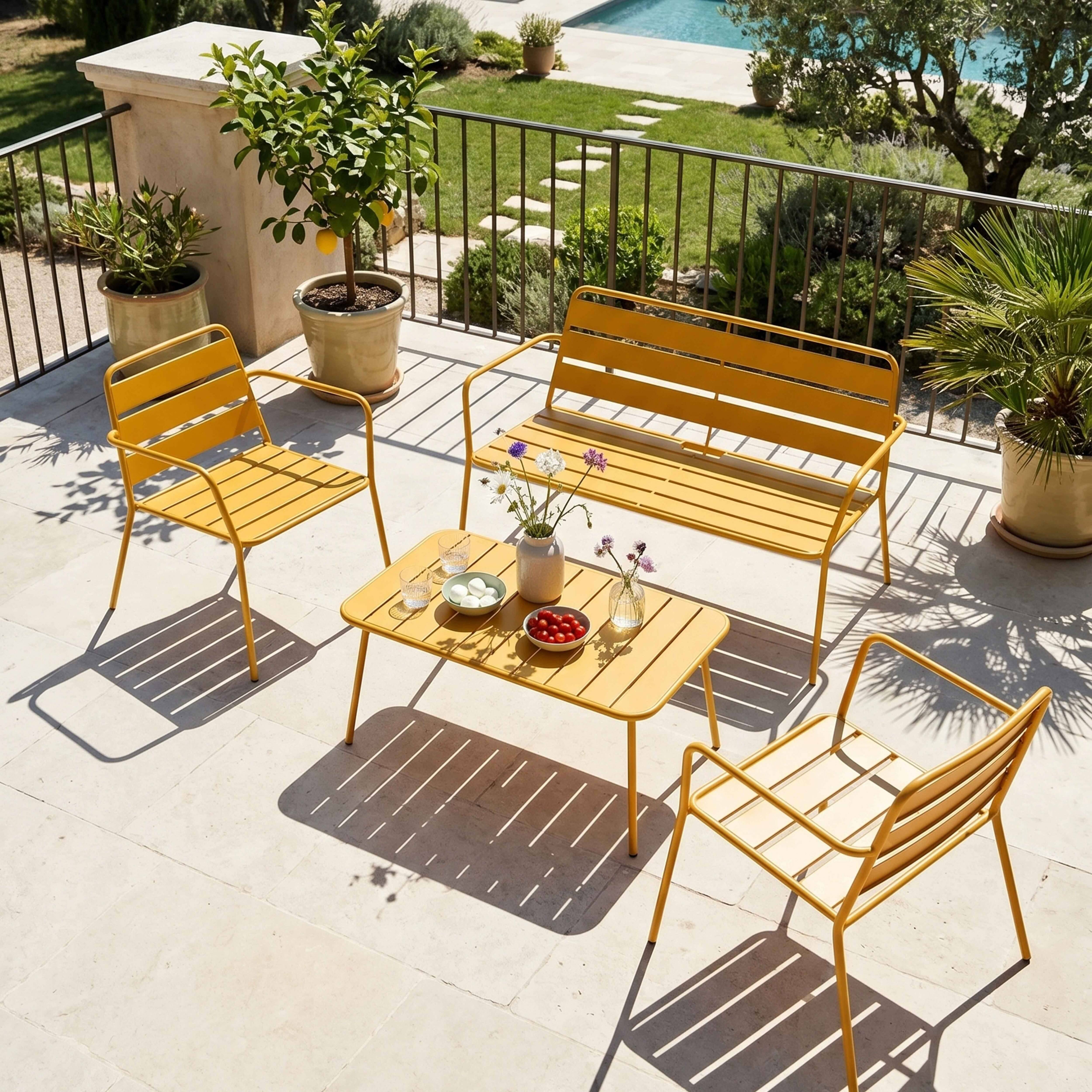 Oviala - Salon de jardin 4 places et 1 table basse en acier jaune Palavas - Oviala - Imagen 2