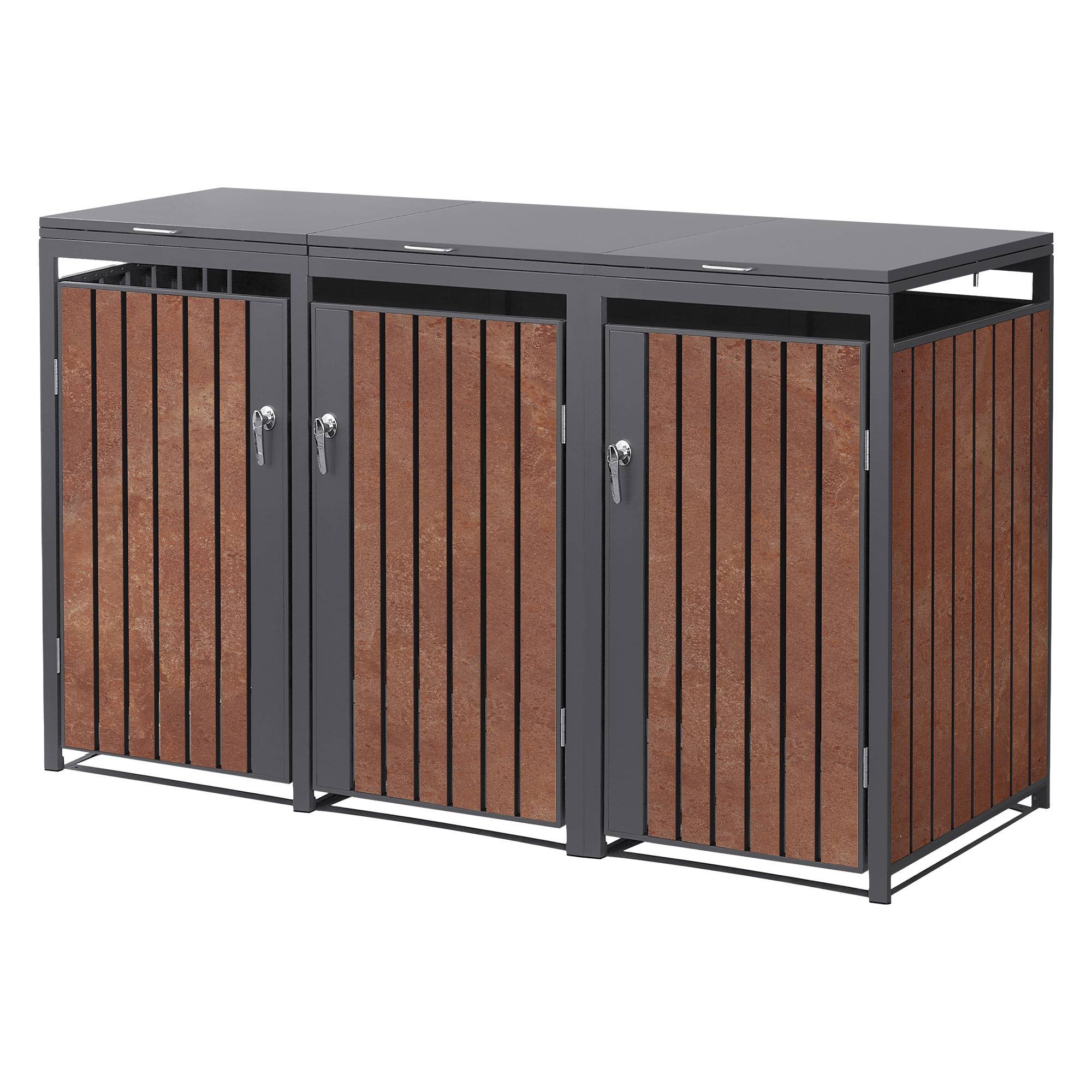 Ml-Design - Abri pour 3 poubelles 200x80x120 cm capacité de 60L à 240L anthracite/aspect rouillé acier couvercle rabattable/3 portes résistant aux intempéries - Imagen 9