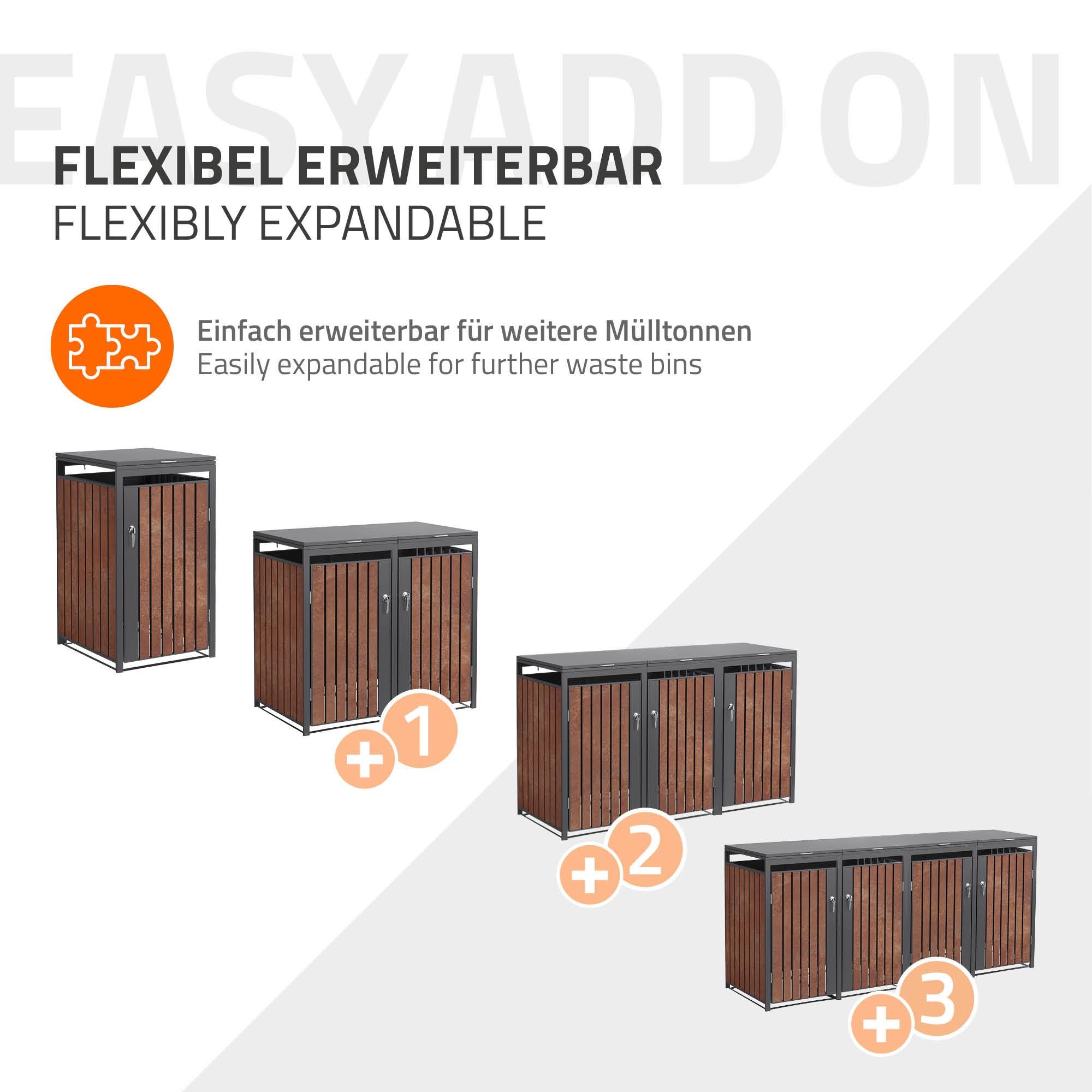 Ml-Design - Abri pour 3 poubelles 200x80x120 cm capacité de 60L à 240L anthracite/aspect rouillé acier couvercle rabattable/3 portes résistant aux intempéries - Imagen 7