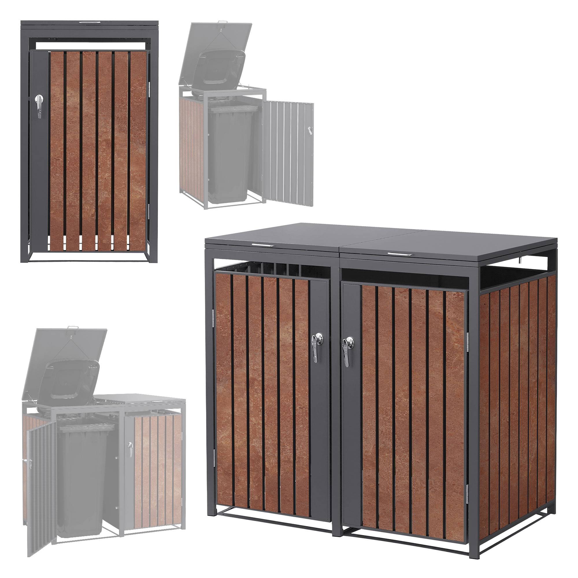 Ml-Design - Abri pour 3 poubelles 200x80x120 cm capacité de 60L à 240L anthracite/aspect rouillé acier couvercle rabattable/3 portes résistant aux intempéries - Imagen 10