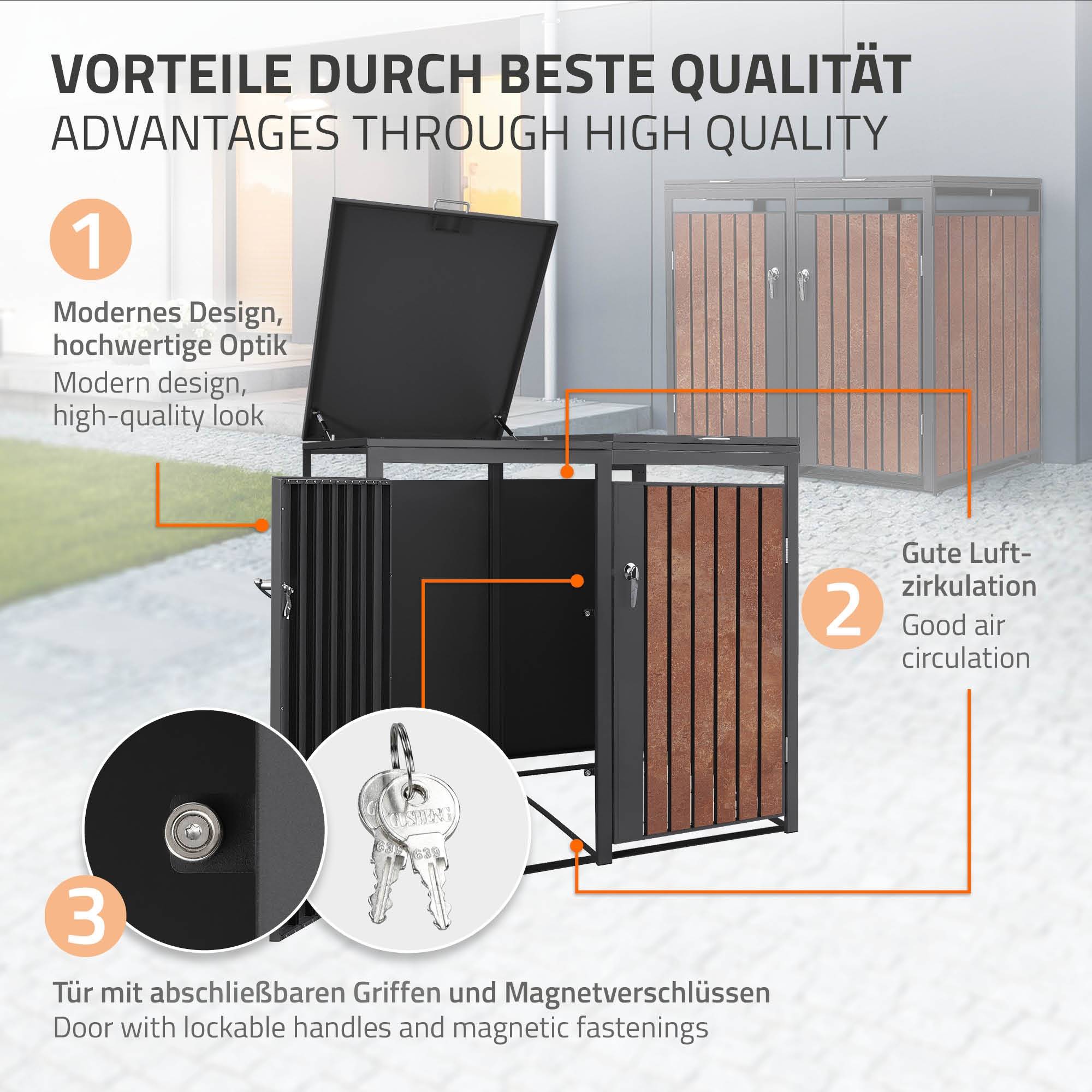 Ml-Design - Abri pour 3 poubelles 200x80x120 cm capacité de 60L à 240L anthracite/aspect rouillé acier couvercle rabattable/3 portes résistant aux intempéries - Imagen 3