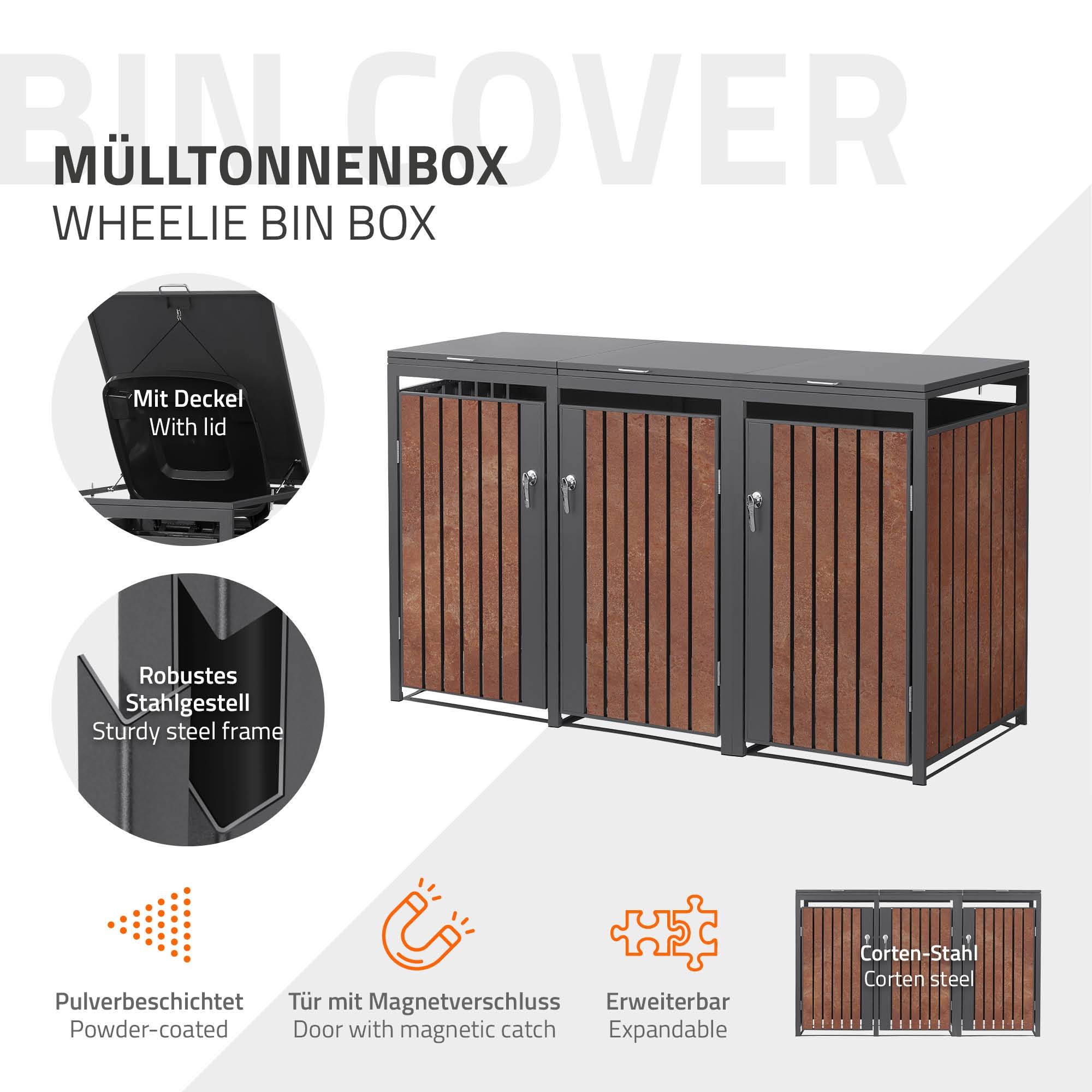 Ml-Design - Abri pour 3 poubelles 200x80x120 cm capacité de 60L à 240L anthracite/aspect rouillé acier couvercle rabattable/3 portes résistant aux intempéries - Imagen 2
