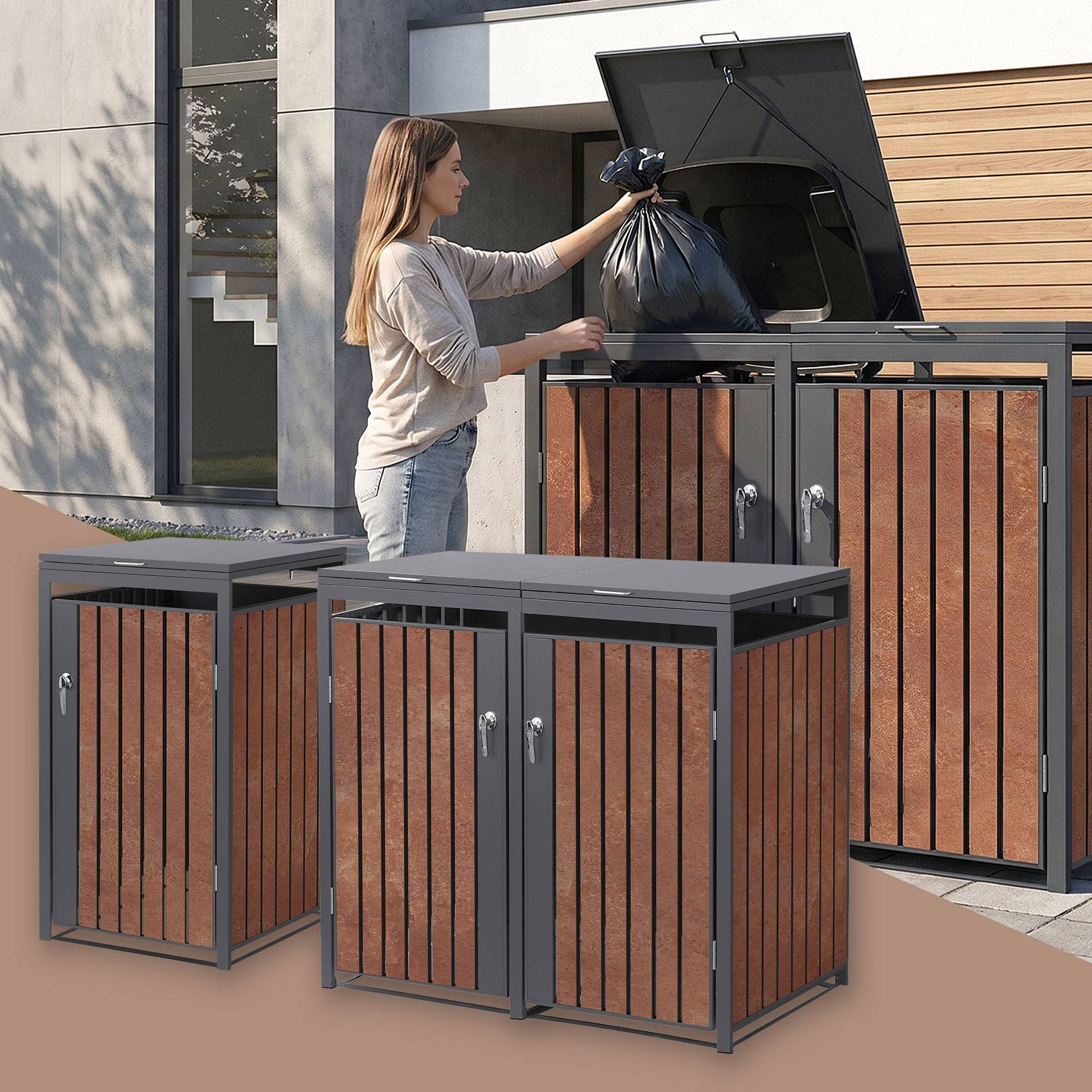 Ml-Design - Abri pour 3 poubelles 200x80x120 cm capacité de 60L à 240L anthracite/aspect rouillé acier couvercle rabattable/3 portes résistant aux intempéries - Imagen 1