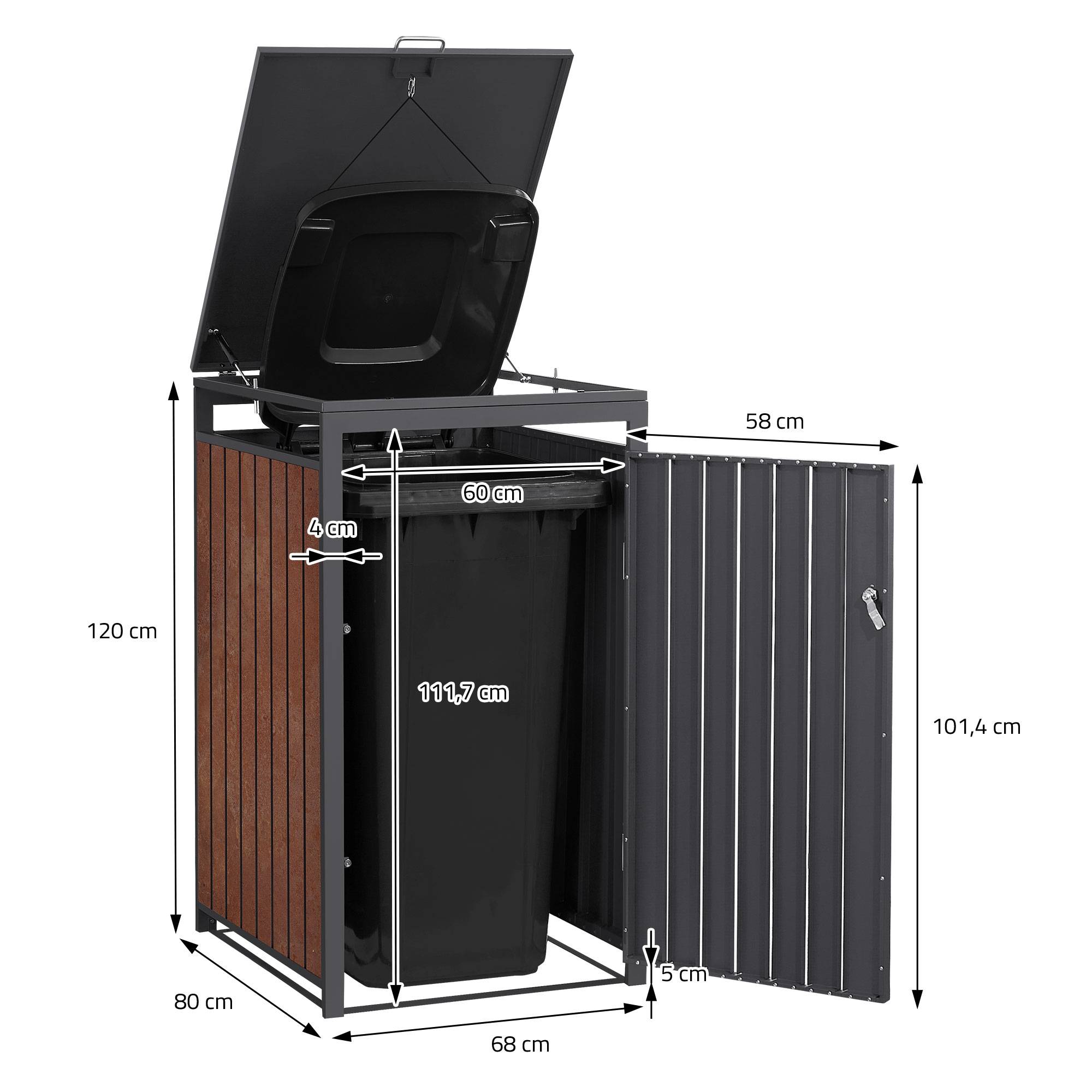 Ml-Design - Abri pour 3 poubelles 200x80x120 cm capacité de 60L à 240L anthracite/aspect rouillé acier couvercle rabattable/3 portes résistant aux intempéries - Imagen 8