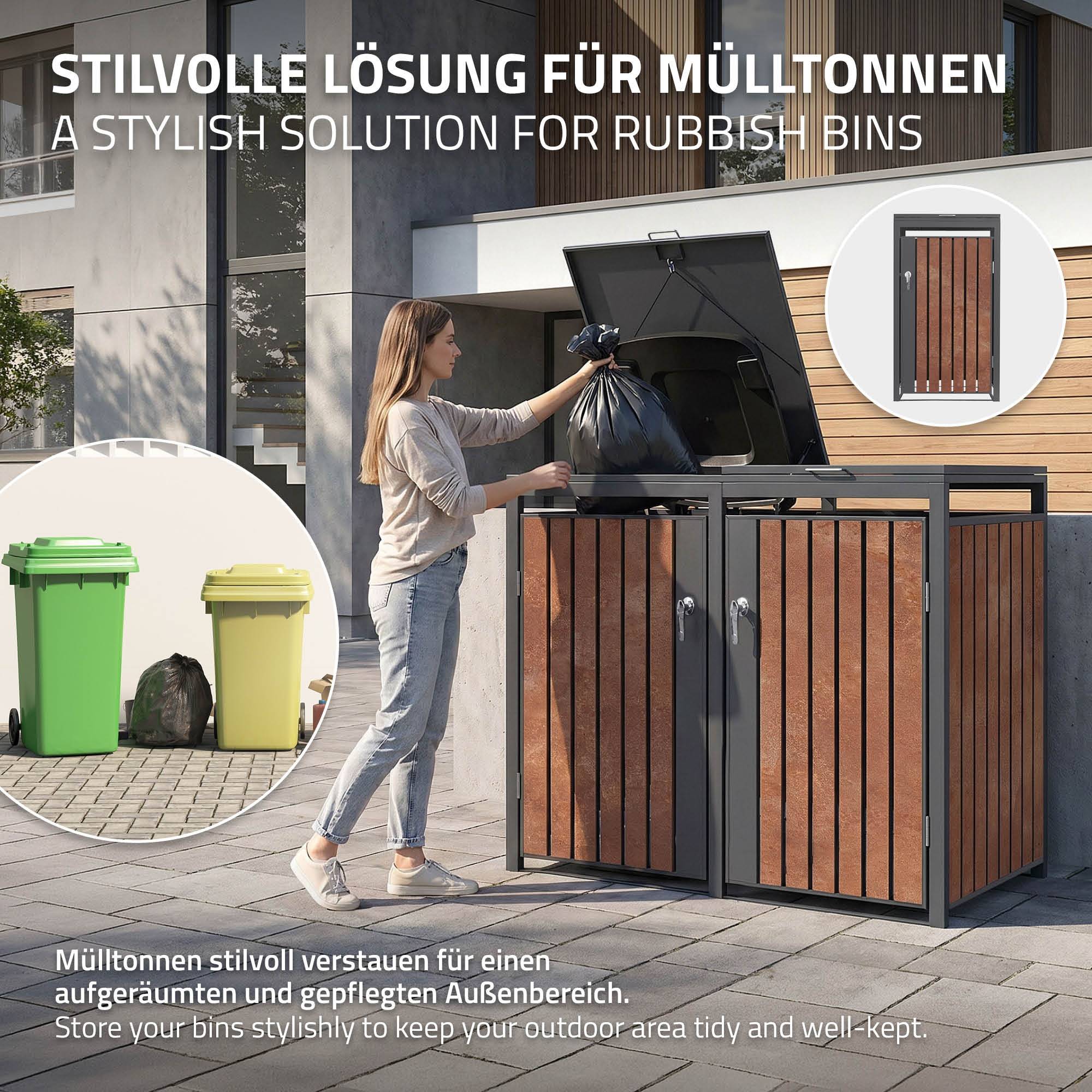 Ml-Design - Abri pour 3 poubelles 200x80x120 cm capacité de 60L à 240L anthracite/aspect rouillé acier couvercle rabattable/3 portes résistant aux intempéries - Imagen 5