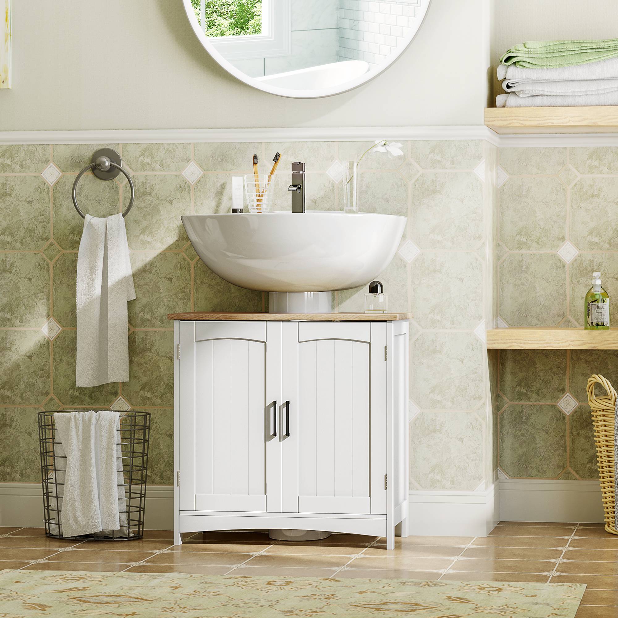 Sans Marque - Meuble vasque salle bain 2 portes étagère réglable 60x33x60 cm bois blanc - Image 4