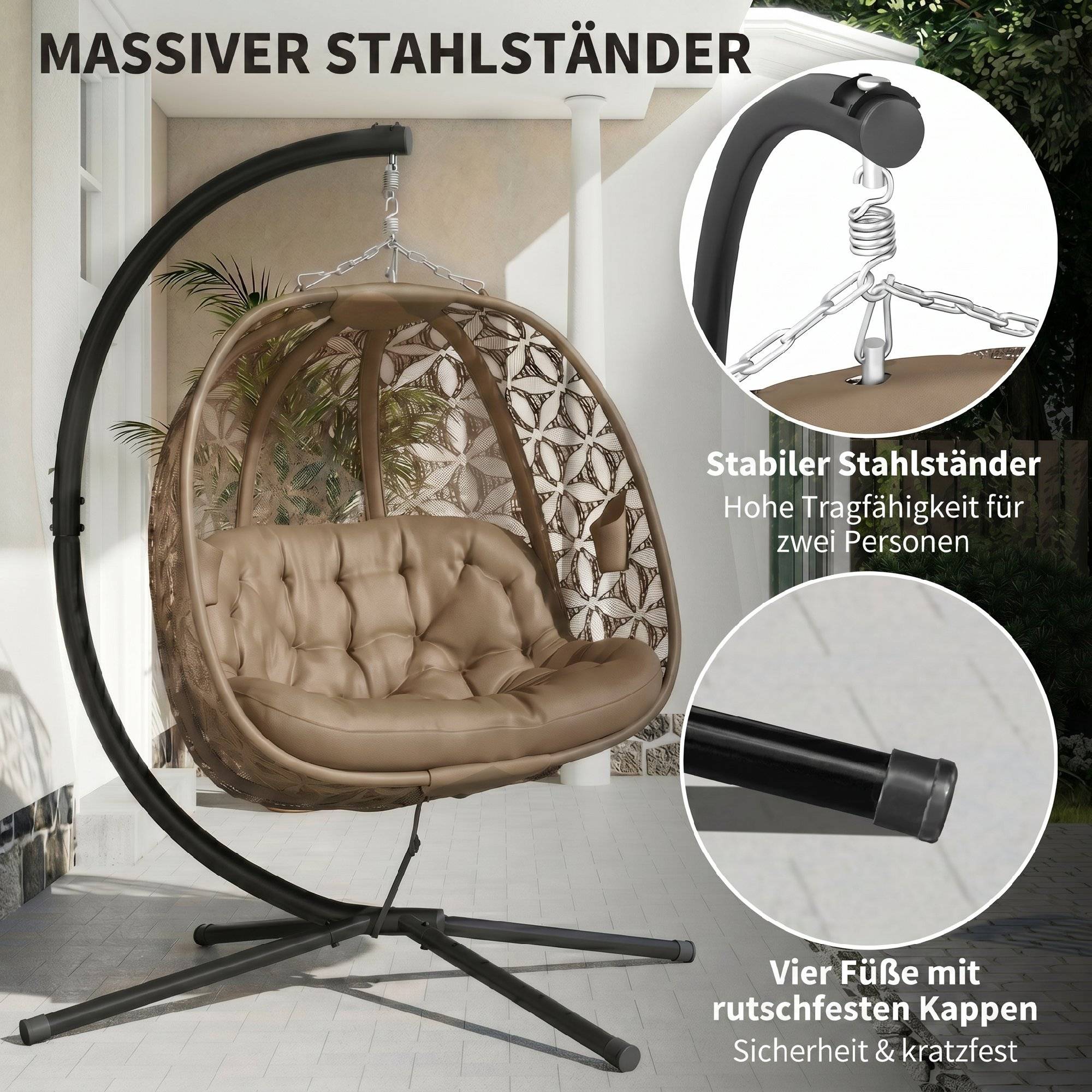 Fauteuil suspendu sur pied 2 places acier jardin avec porte-gobelets sable - ComfortXL Outdoor Living - Image 9