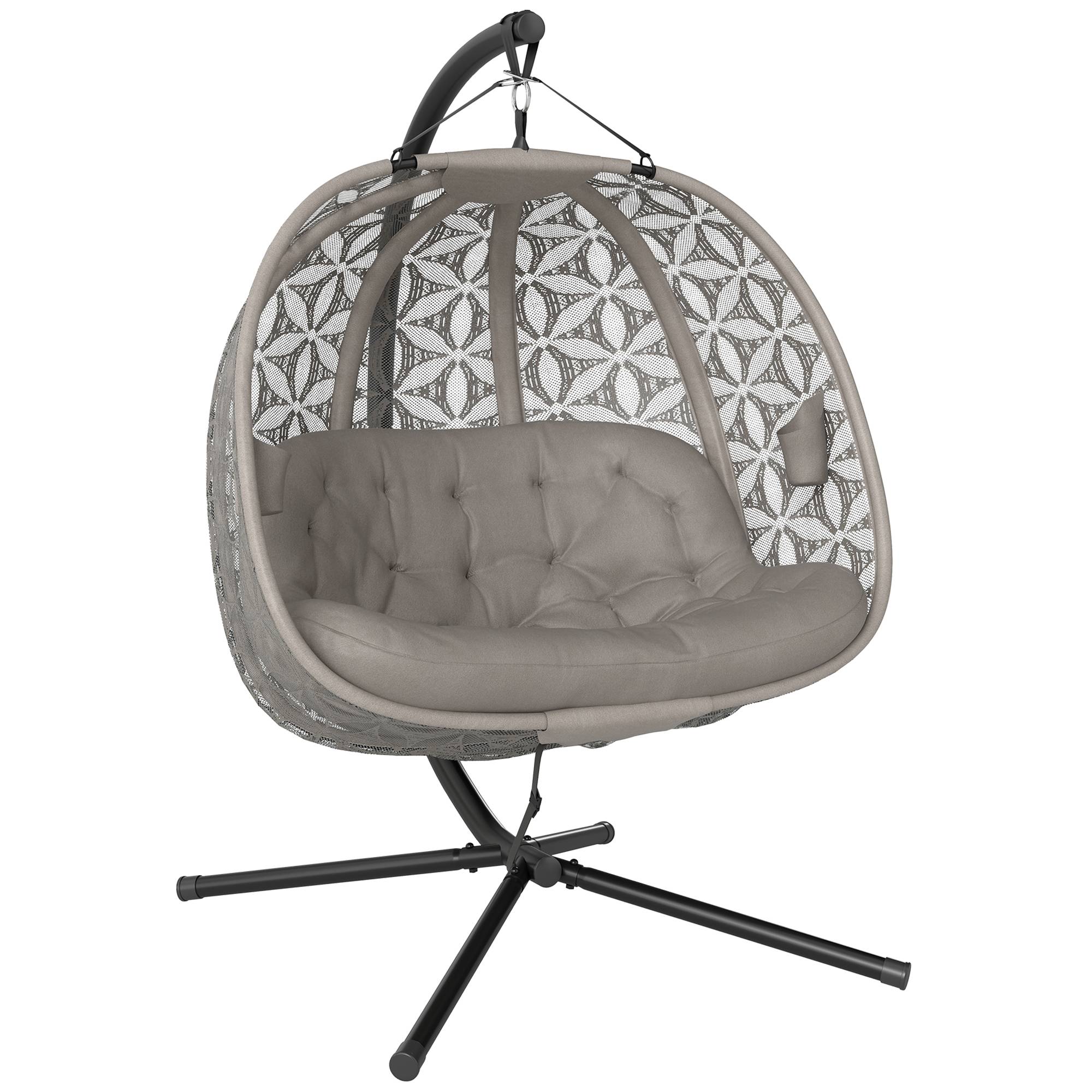 Fauteuil suspendu sur pied 2 places acier jardin avec porte-gobelets sable - ComfortXL Outdoor Living - Image 1