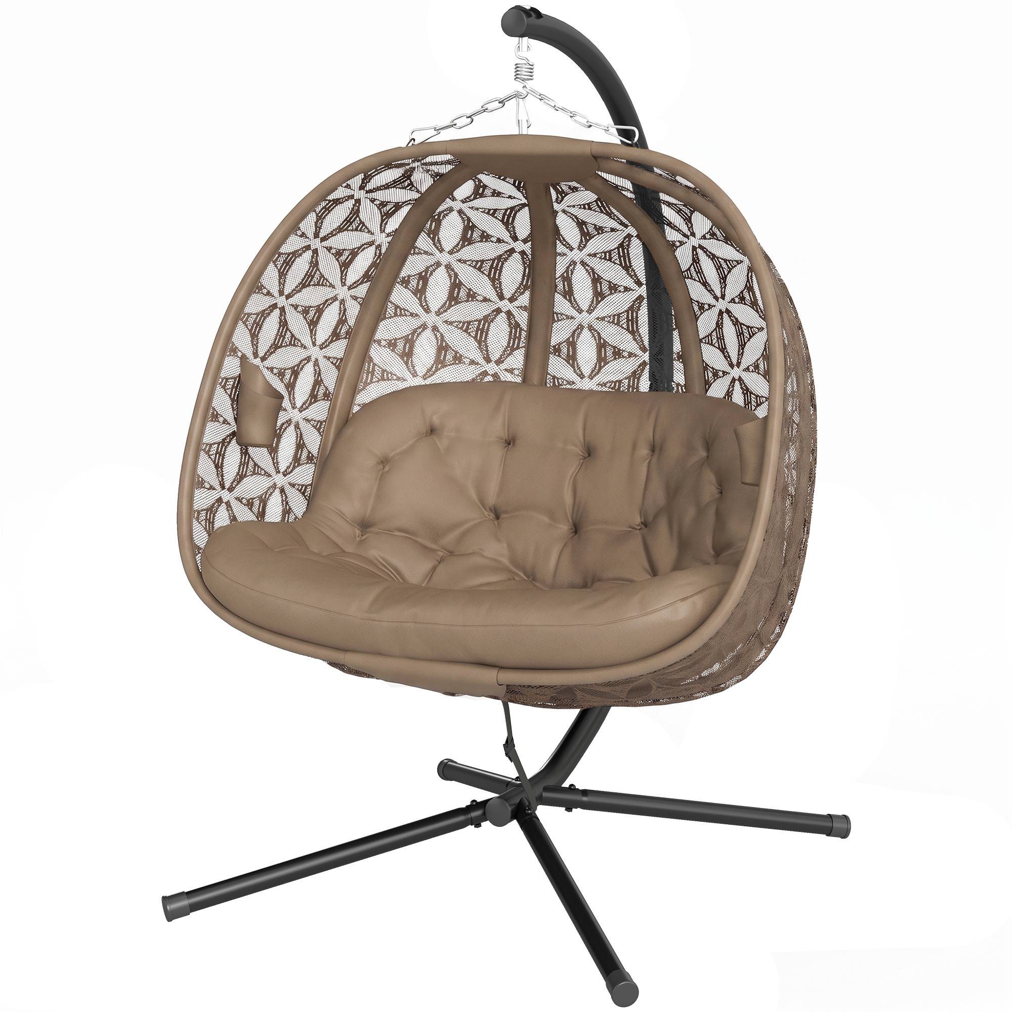 Fauteuil suspendu sur pied 2 places acier jardin avec porte-gobelets sable - ComfortXL Outdoor Living - Image 2