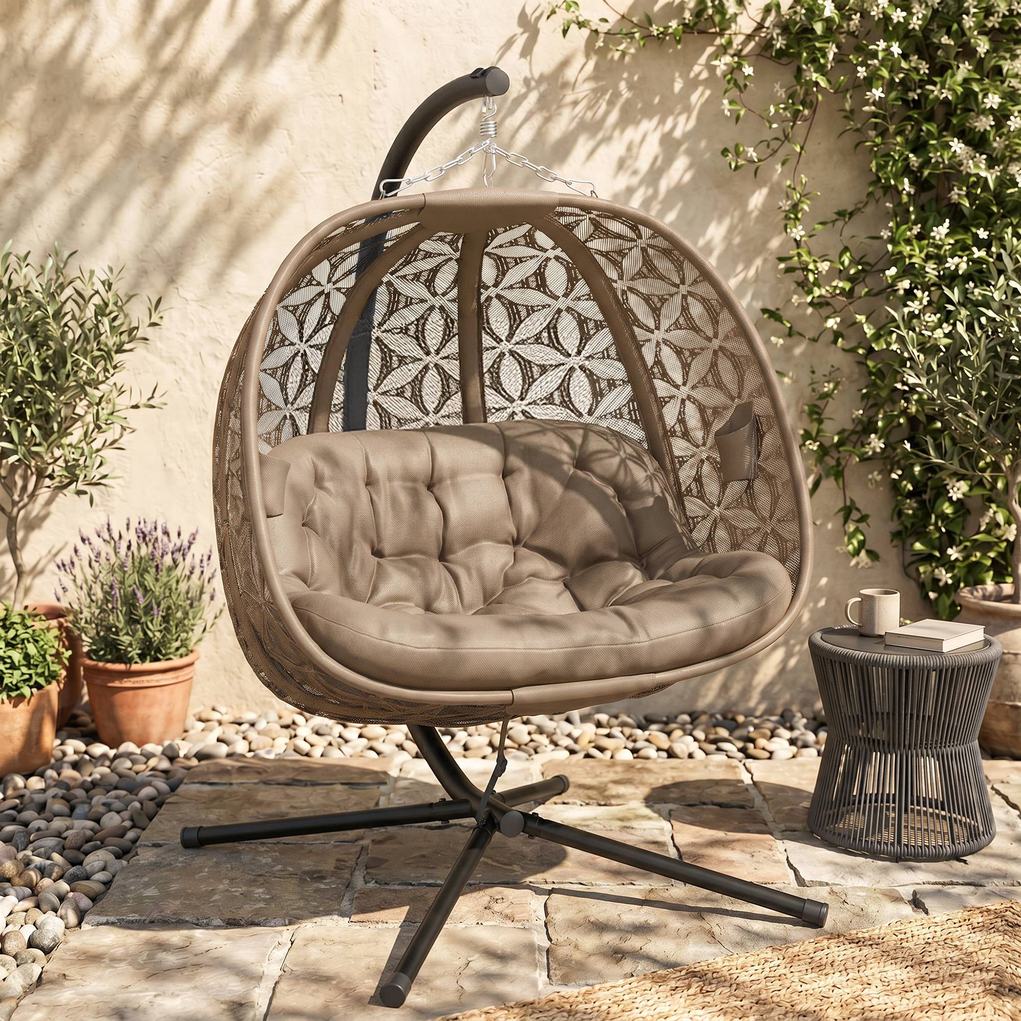 Fauteuil suspendu sur pied 2 places acier jardin avec porte-gobelets sable - ComfortXL Outdoor Living - Image 3