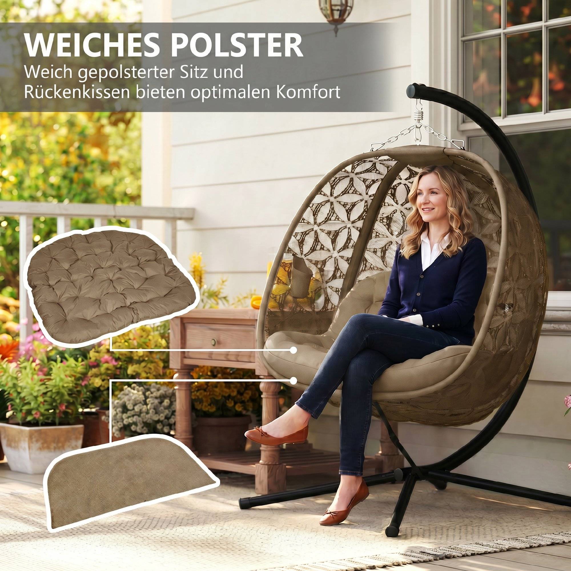 Fauteuil suspendu sur pied 2 places acier jardin avec porte-gobelets sable - ComfortXL Outdoor Living - Image 8