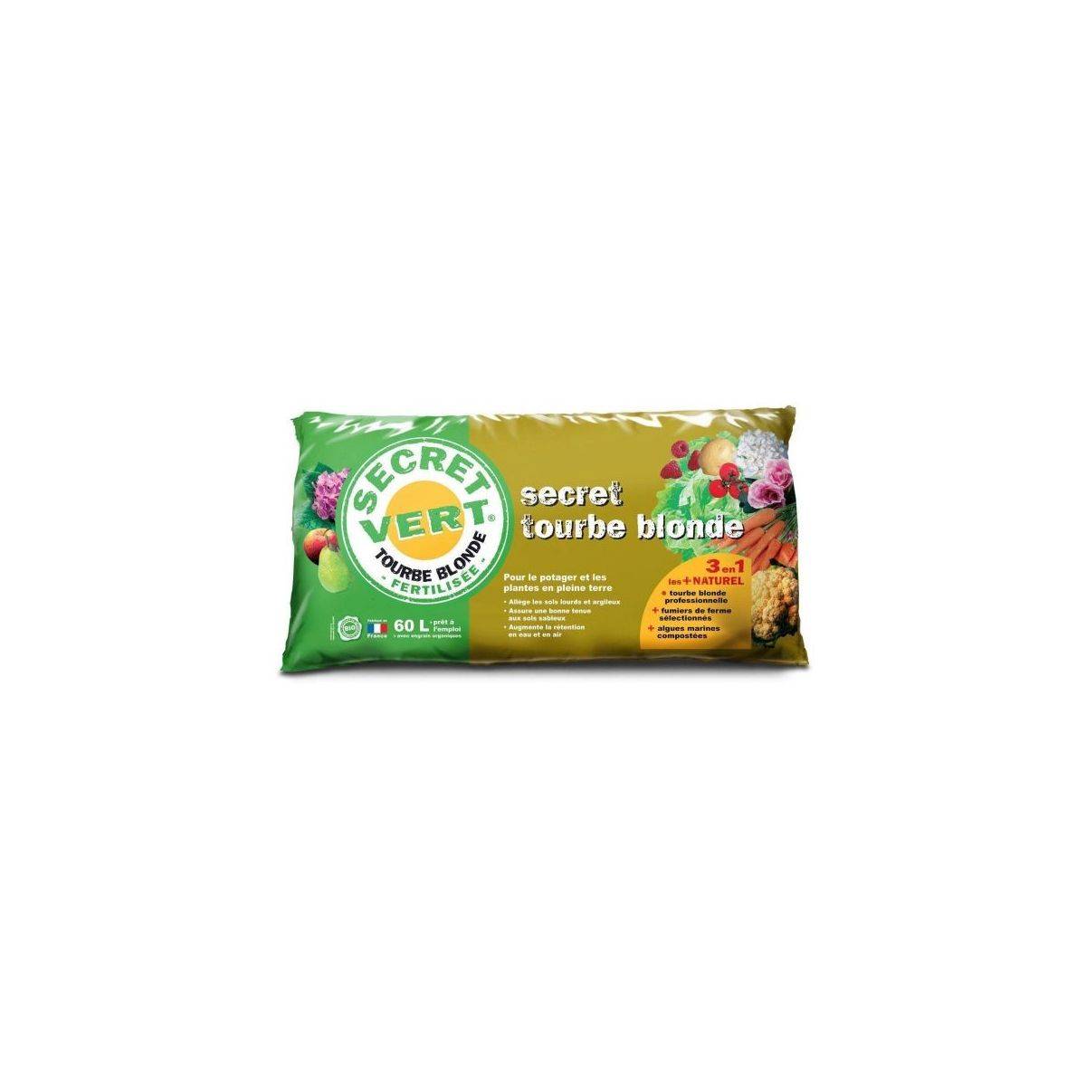Secret Vert - Tourbe blonde pour plantes en pleine terre et potager - Sac de 60L