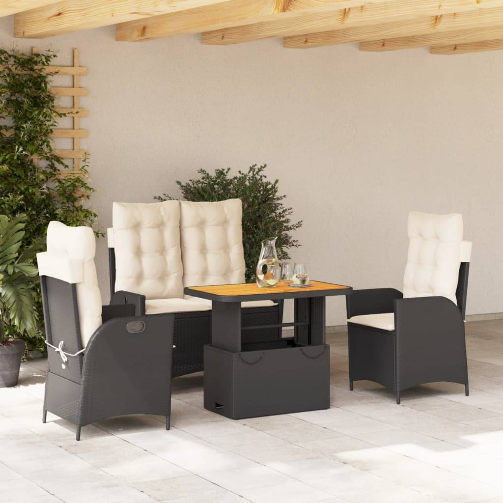 Salon de Jardin Fonctionnel 4 Places, Table Hauteur Ajustable et Sièges Relax, Polyrotin Noir et Coussins Crème – ComfortXL Outdoor Living