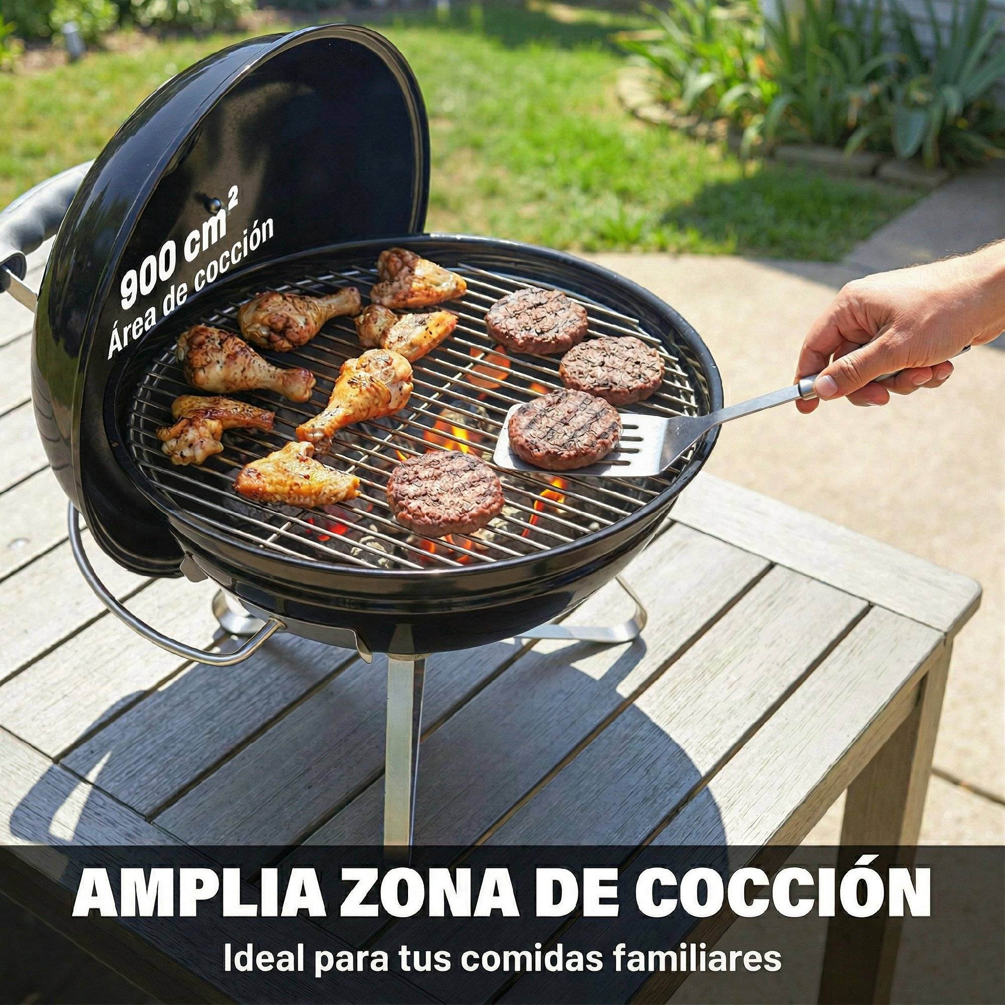 Barbecue à charbon portable rond avec couvercle, support et ventilation réglable Ø41x44 cm Noir - Image 9