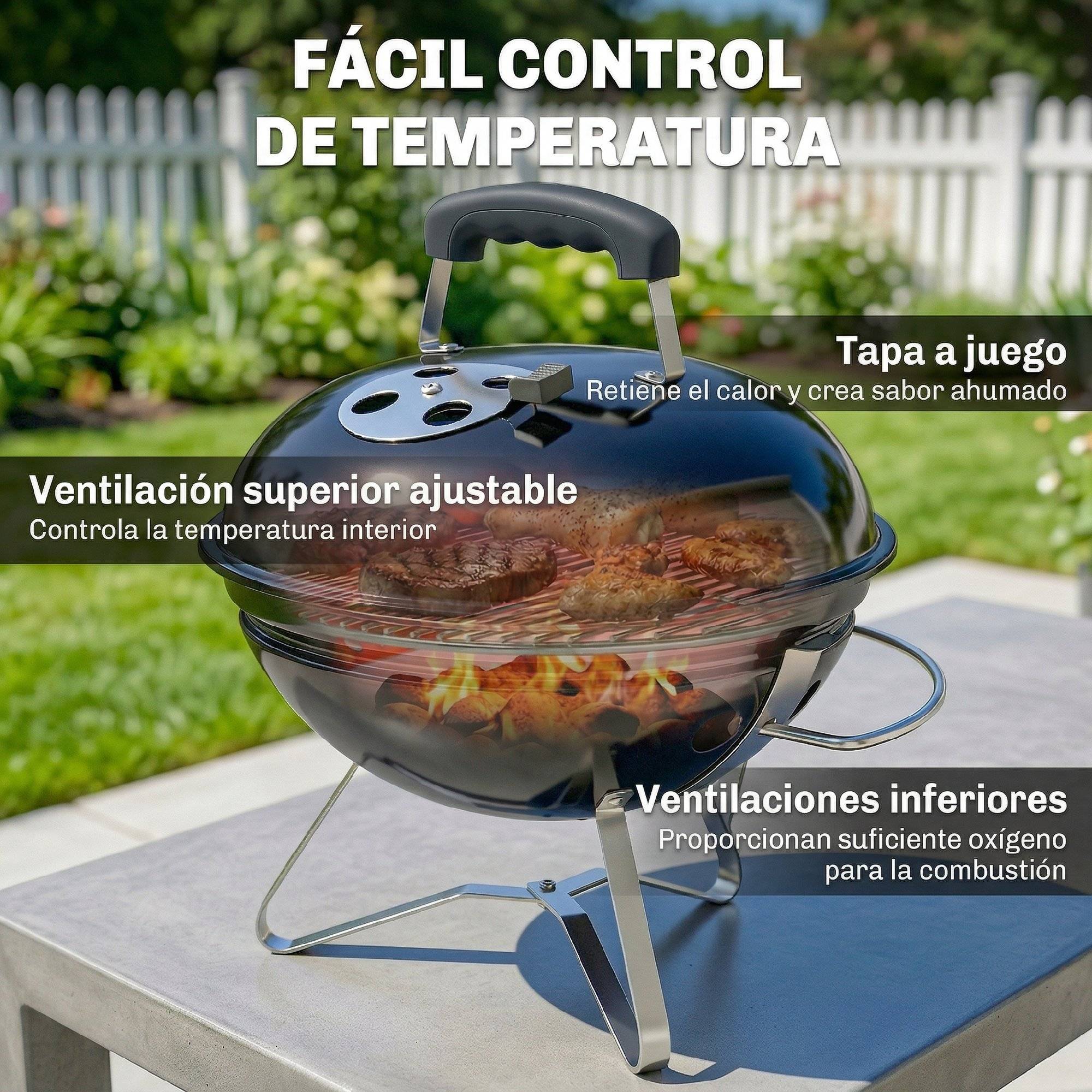 Barbecue à charbon portable rond avec couvercle, support et ventilation réglable Ø41x44 cm Noir - Image 8