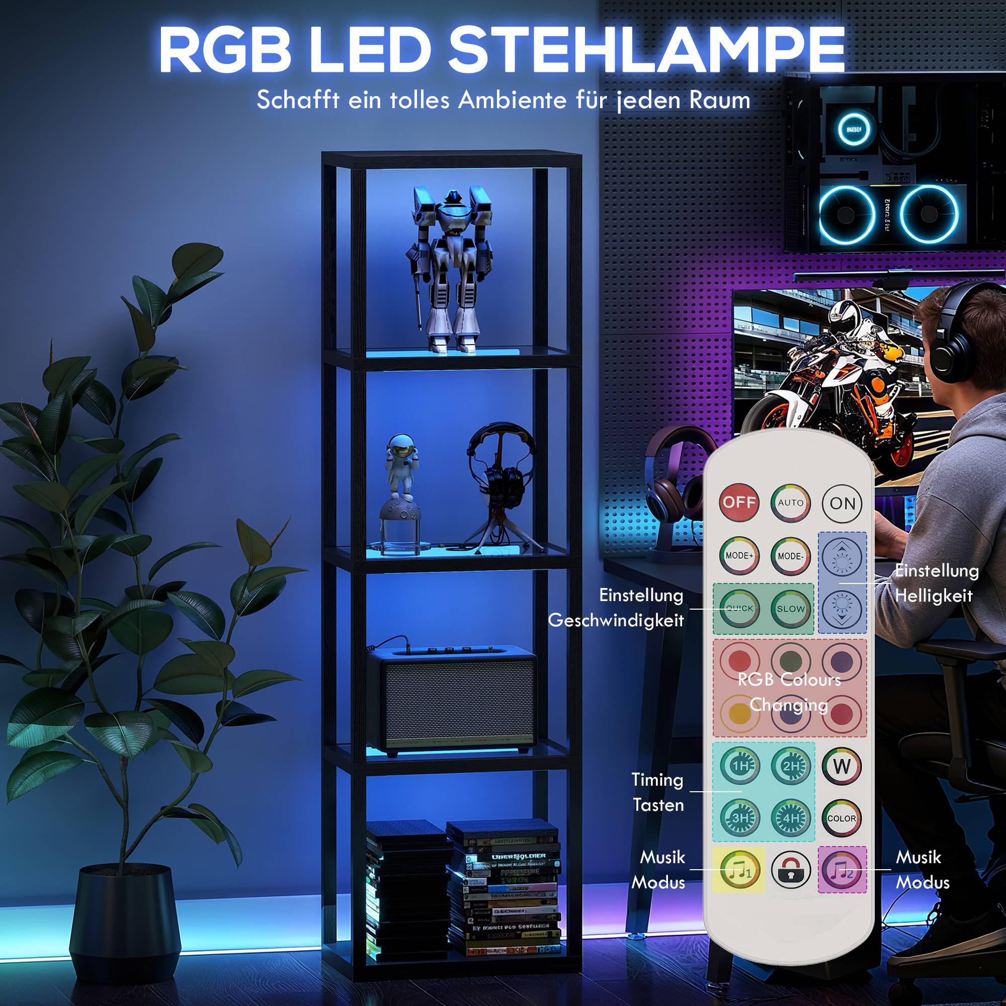 Lampadaire RGB avec étagères en verre, lampadaire LED à 4 niveaux avec télécommande, synchronisation musicale, noir - Image 6