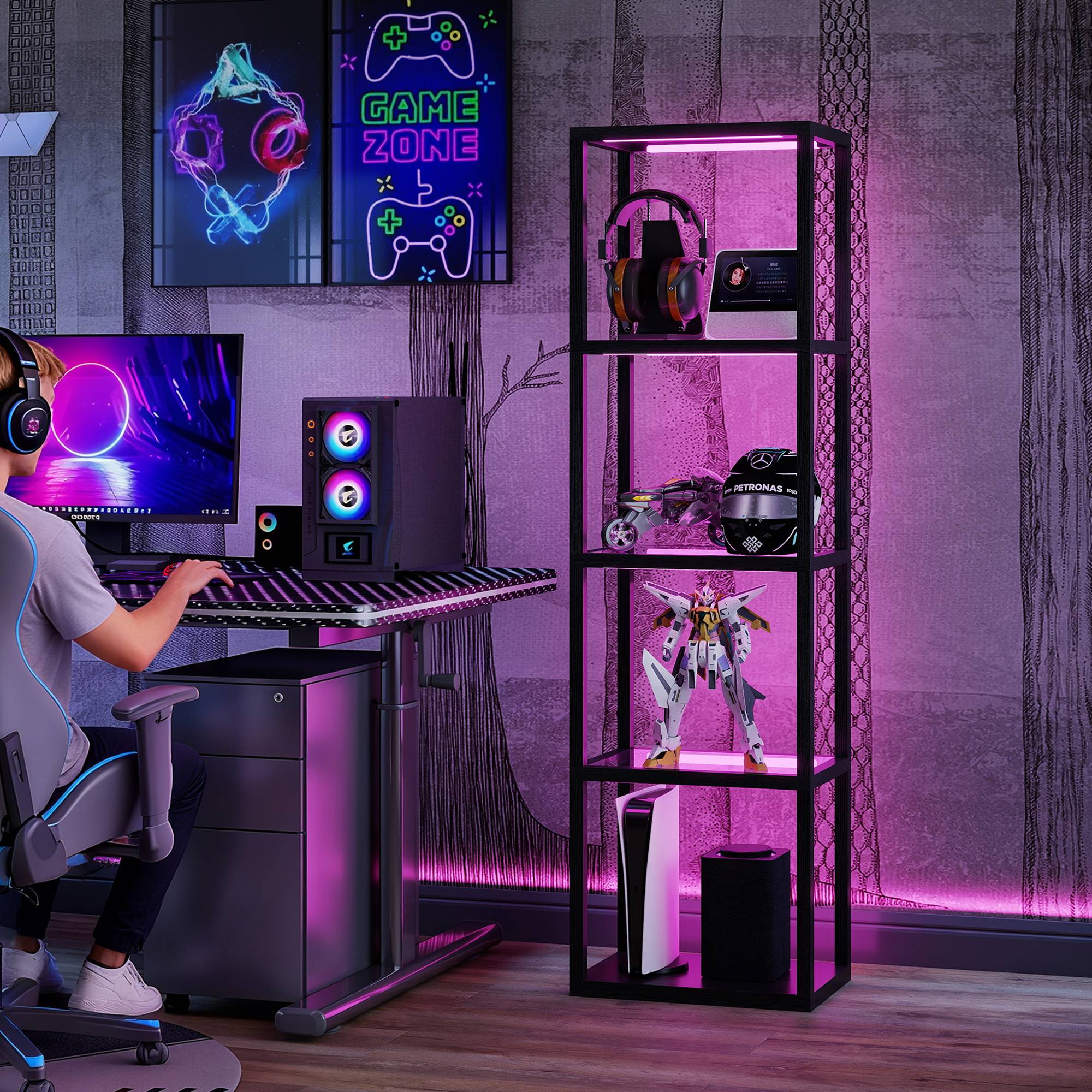 Lampadaire RGB avec étagères en verre, lampadaire LED à 4 niveaux avec télécommande, synchronisation musicale, noir - Image 10