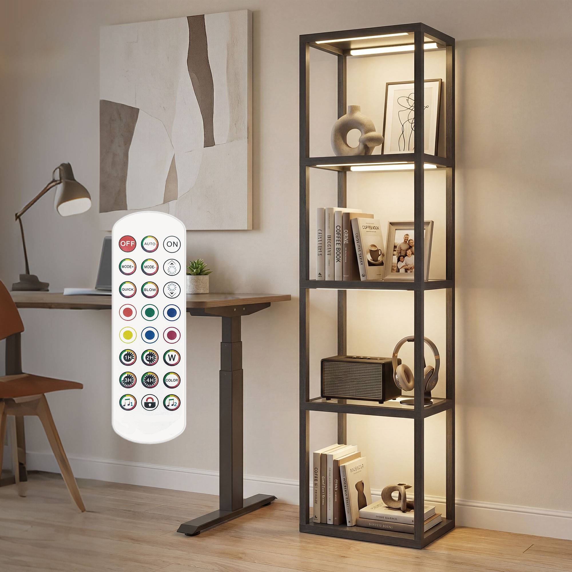 Lampadaire RGB avec étagères en verre, lampadaire LED à 4 niveaux avec télécommande, synchronisation musicale, noir - Image 1