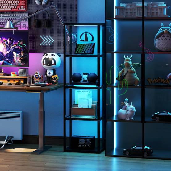 Lampadaire RGB avec étagères en verre, lampadaire LED à 4 niveaux avec télécommande, synchronisation musicale, noir - Image 9