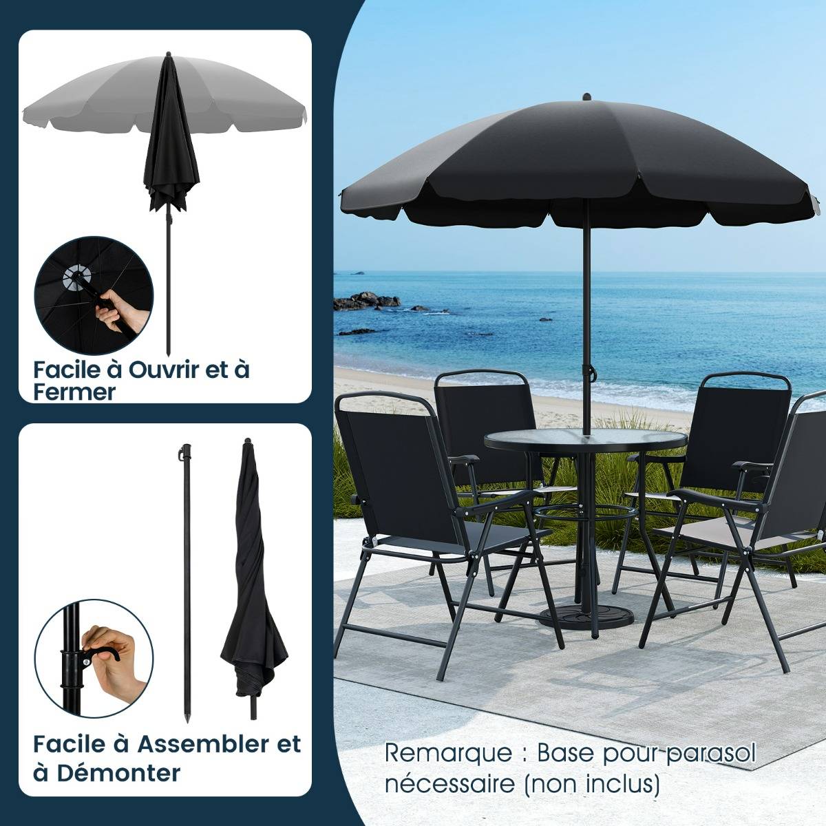Ensemble de Jardin 6 Pièces avec Parasol Ensemble de Table et Chaises d'extérieur avec 4 Chaises Pliantes Noir MAISON CHIC - Image 7