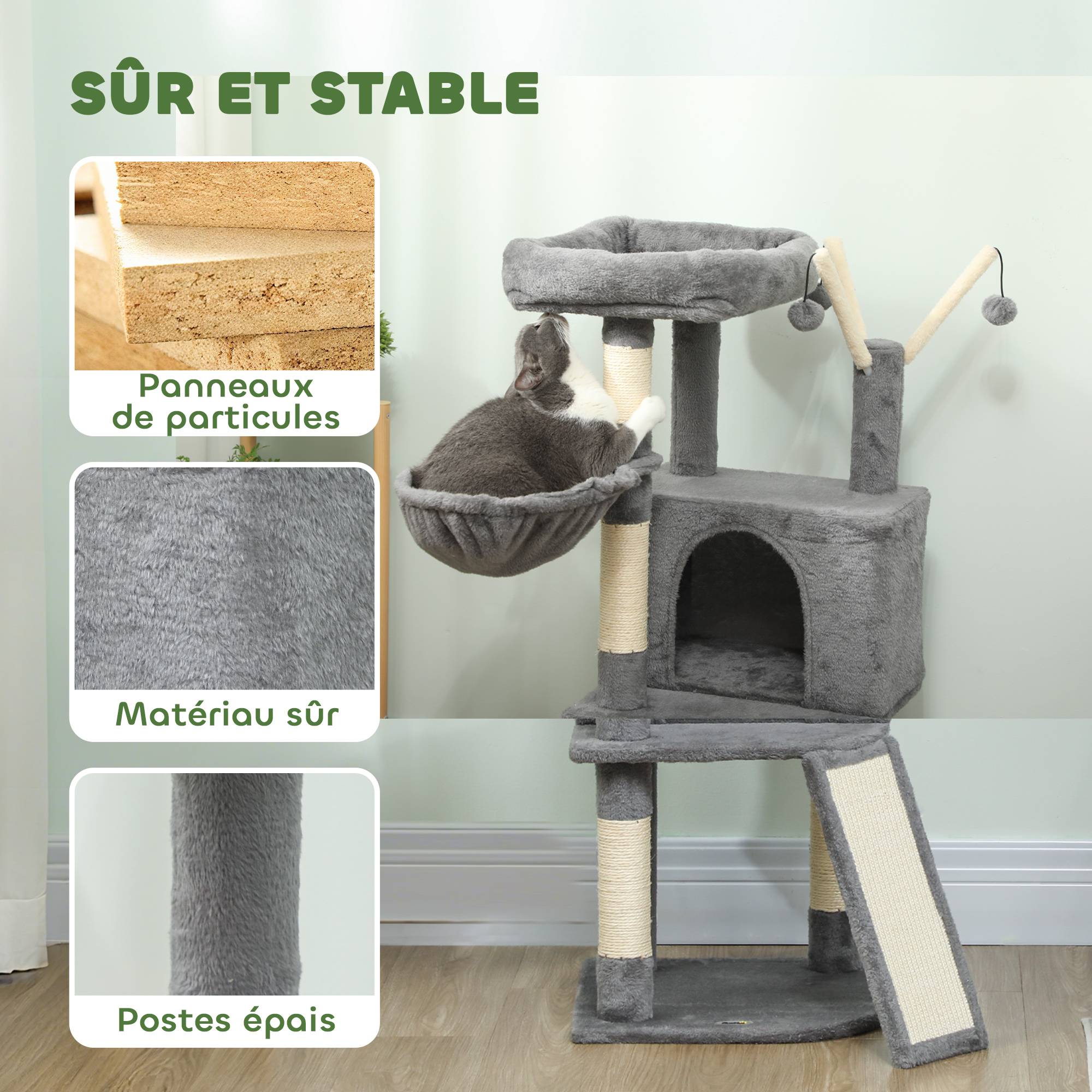 Arbre à chat sisal et peluche gris 40.5 x 40.5 x 103 cm - PANGIVO - Image 8