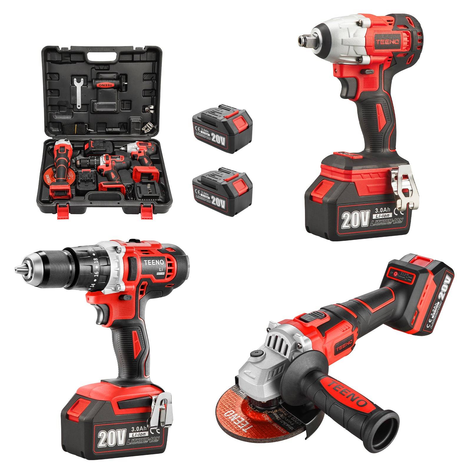 Clé à chocs Brushless+ Perceuse a Percussion+Meuleuse D'angle Brushless 3 outils 20V 2xBatteries 3Ah - Image 1