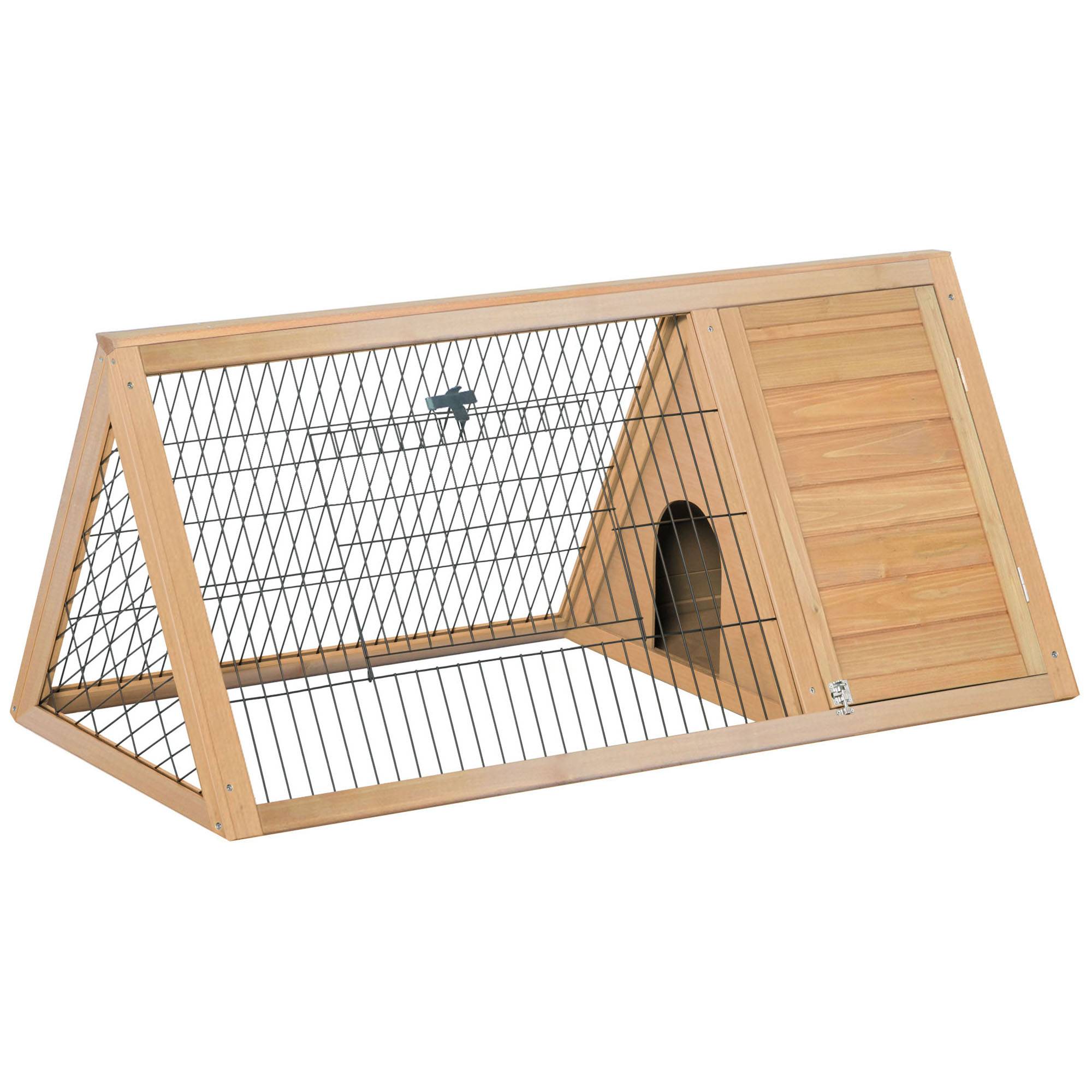 Clapier Triangulaire de Sol avec Enclos Extérieur et Double Porte, pour Lapins, Poules et Tortues, Bois Massif de Pin - Image 1